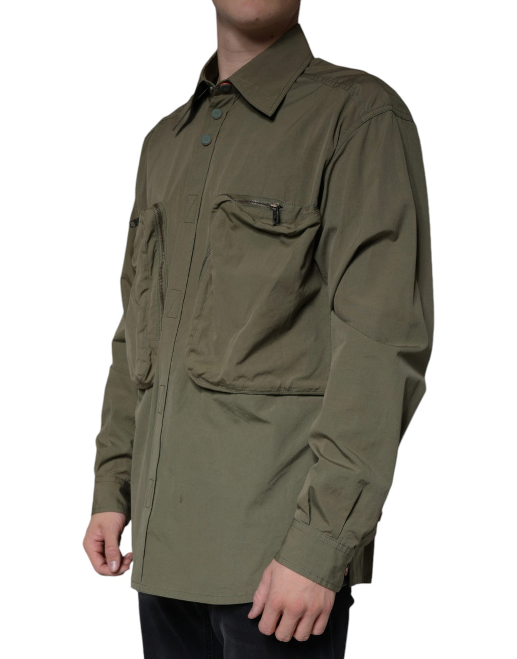 Veste en coton kaki militaire Dolce & Gabbana avec col rabattu, style élégant et tendance.