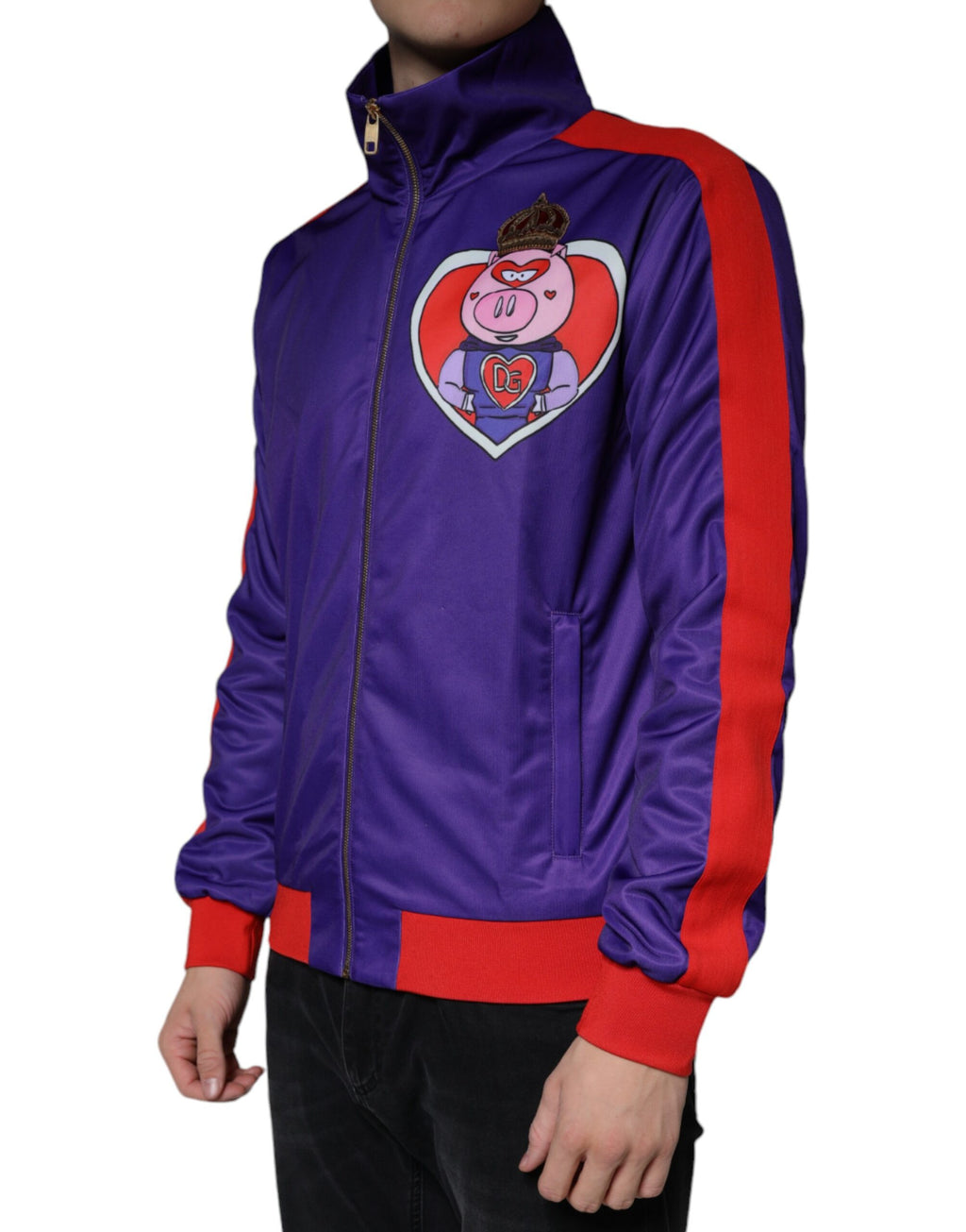 Veste bomber zippée Dolce & Gabbana Year of the Pig violette, motif complet, style décontracté et mode.