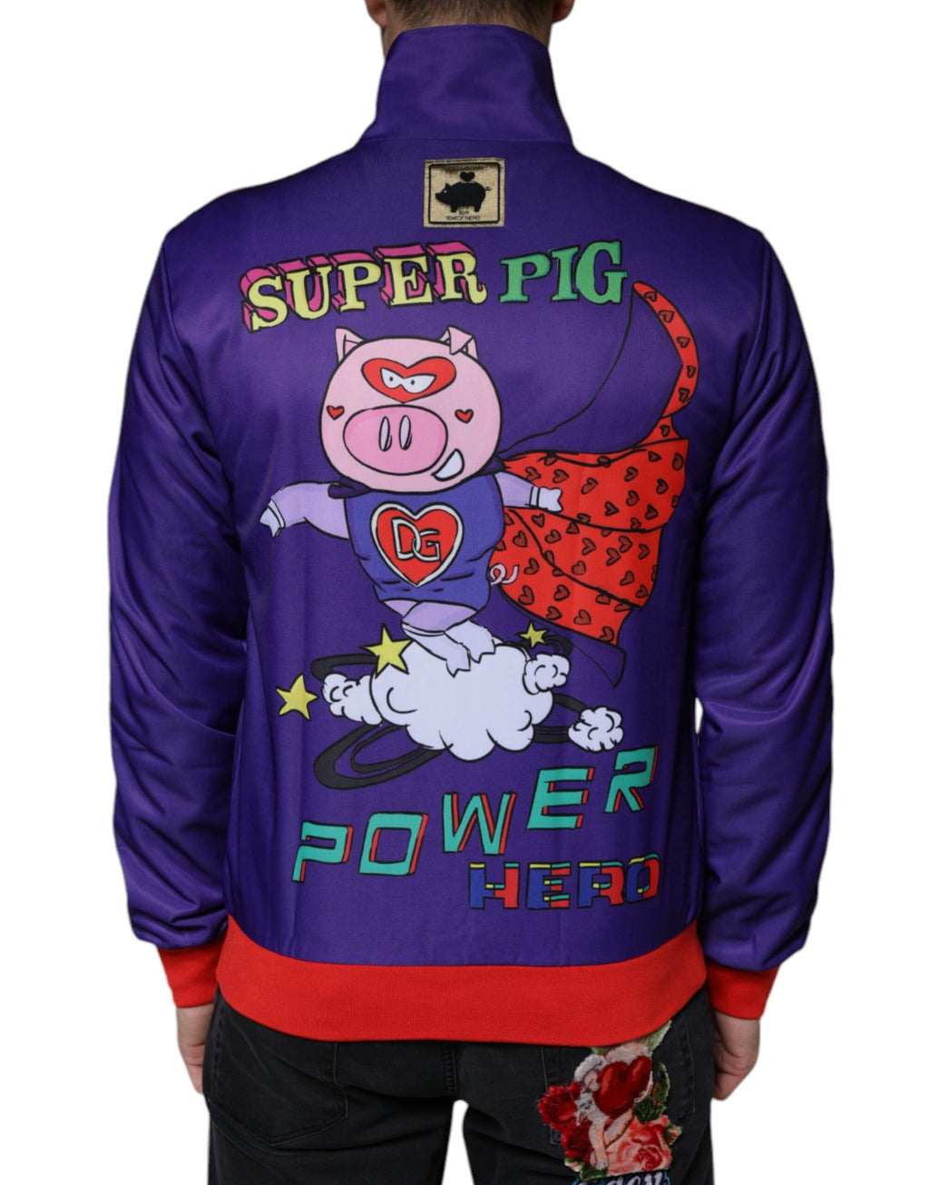 Veste bomber zippée pleine de couleurs avec motif de cochon année chinoise, Dolce & Gabbana, veste en polyester violet.
