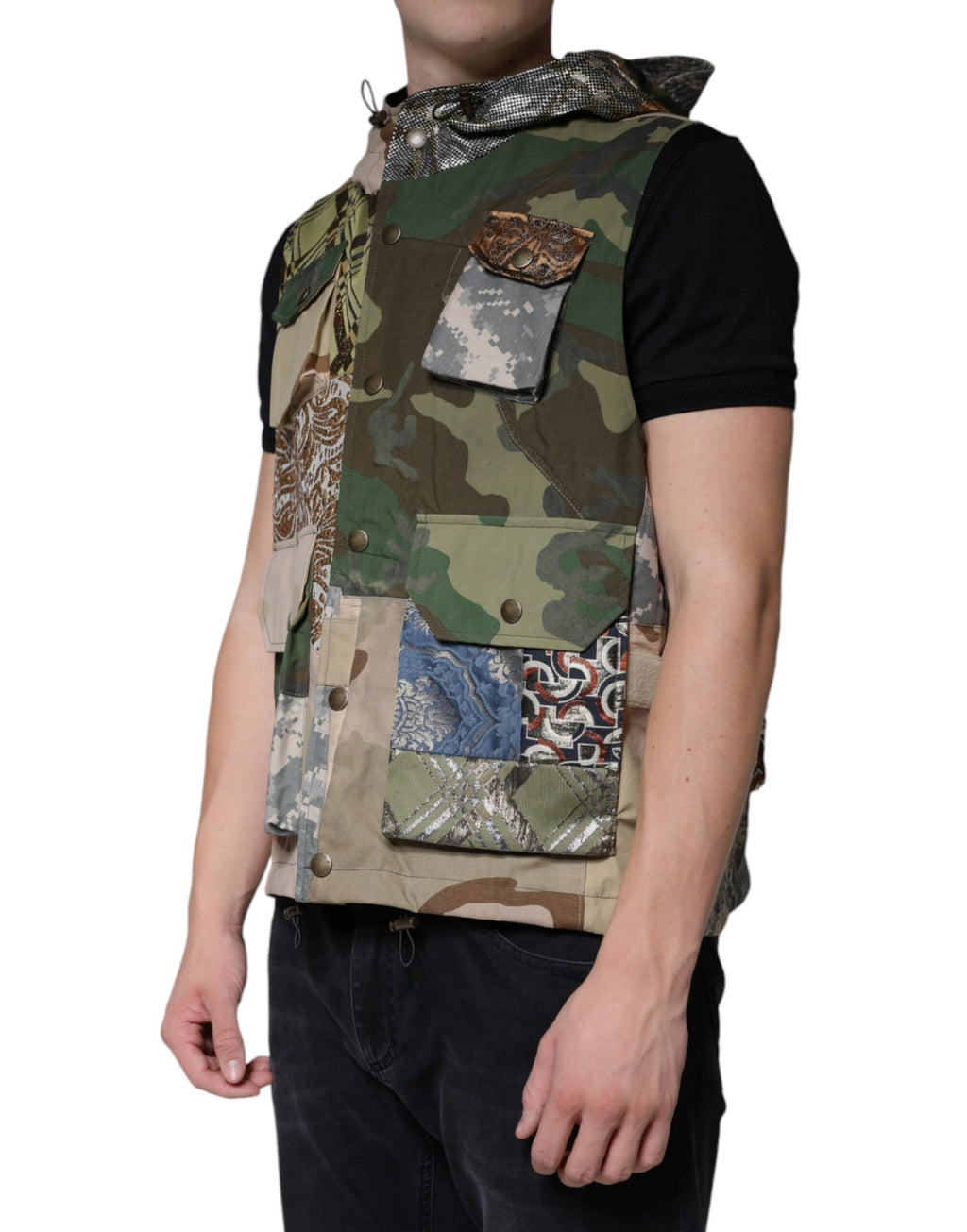 Gilet à capuche Dolce & Gabbana en patchwork multicolore, veste élégante avec motif coloré et fermeture éclair.