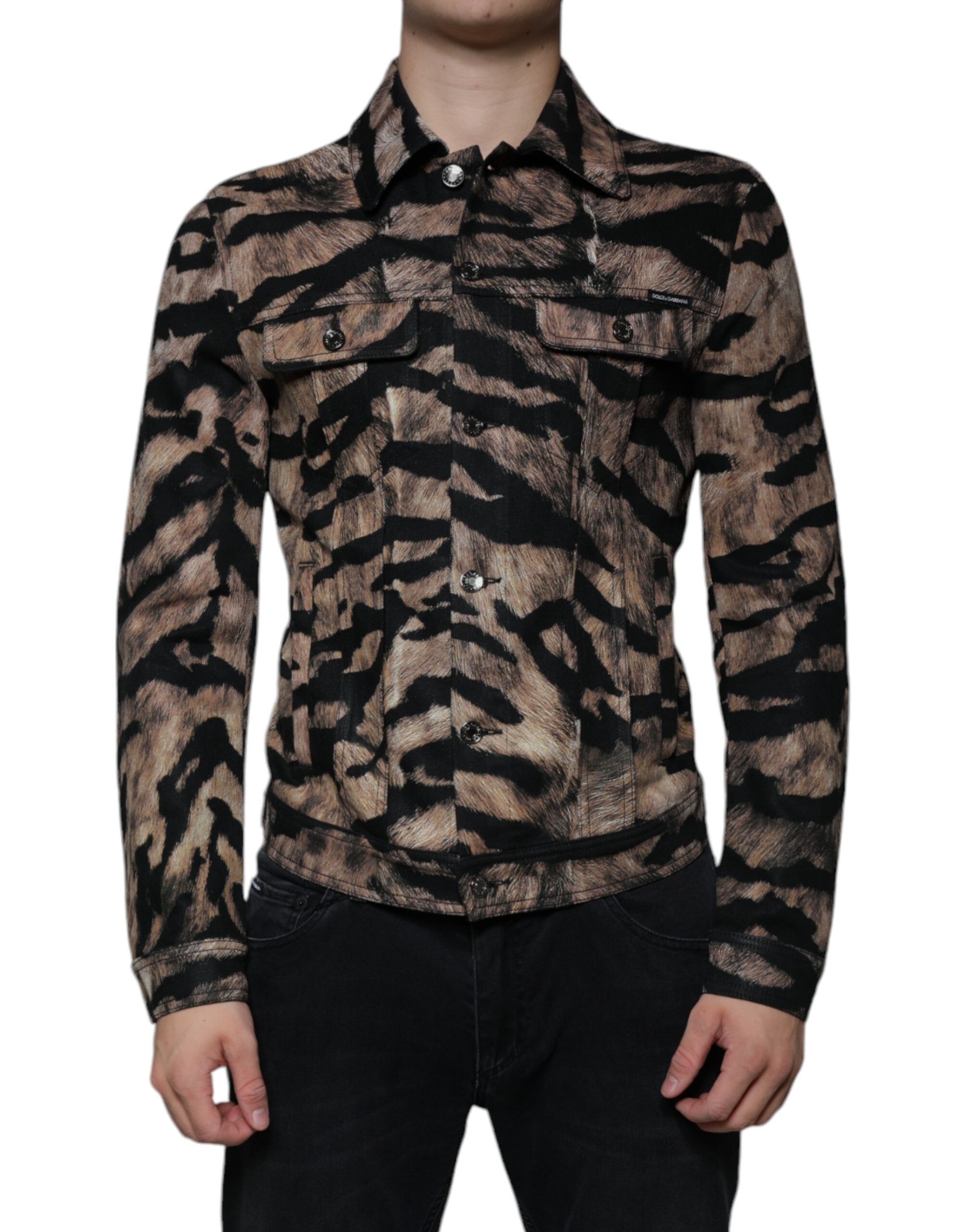 Veste marron Dolce & Gabbana à boutons avec col, motif tigre, style élégante et mode moderne.