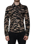 Veste Dolce & Gabbana marron avec motif tigre, boutons et col classique, vue de face.