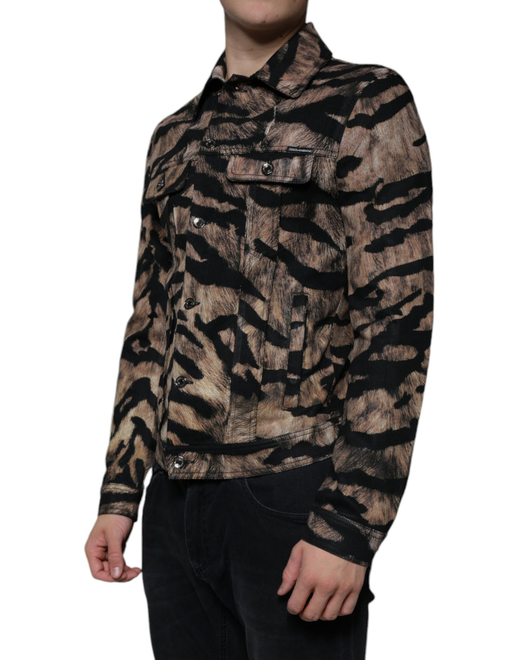 Veste marron à boutons avec col en laine Dolce & Gabbana, motif tigre, style élégant et sophistiqué.