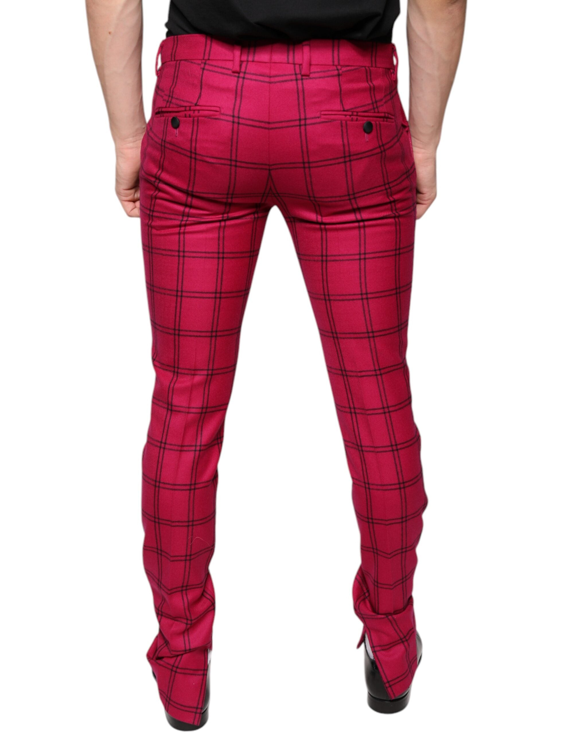 Pantalon skinny en laine à carreaux roses de Dolce & Gabbana, coupe ajustée et tendance, vue de face.