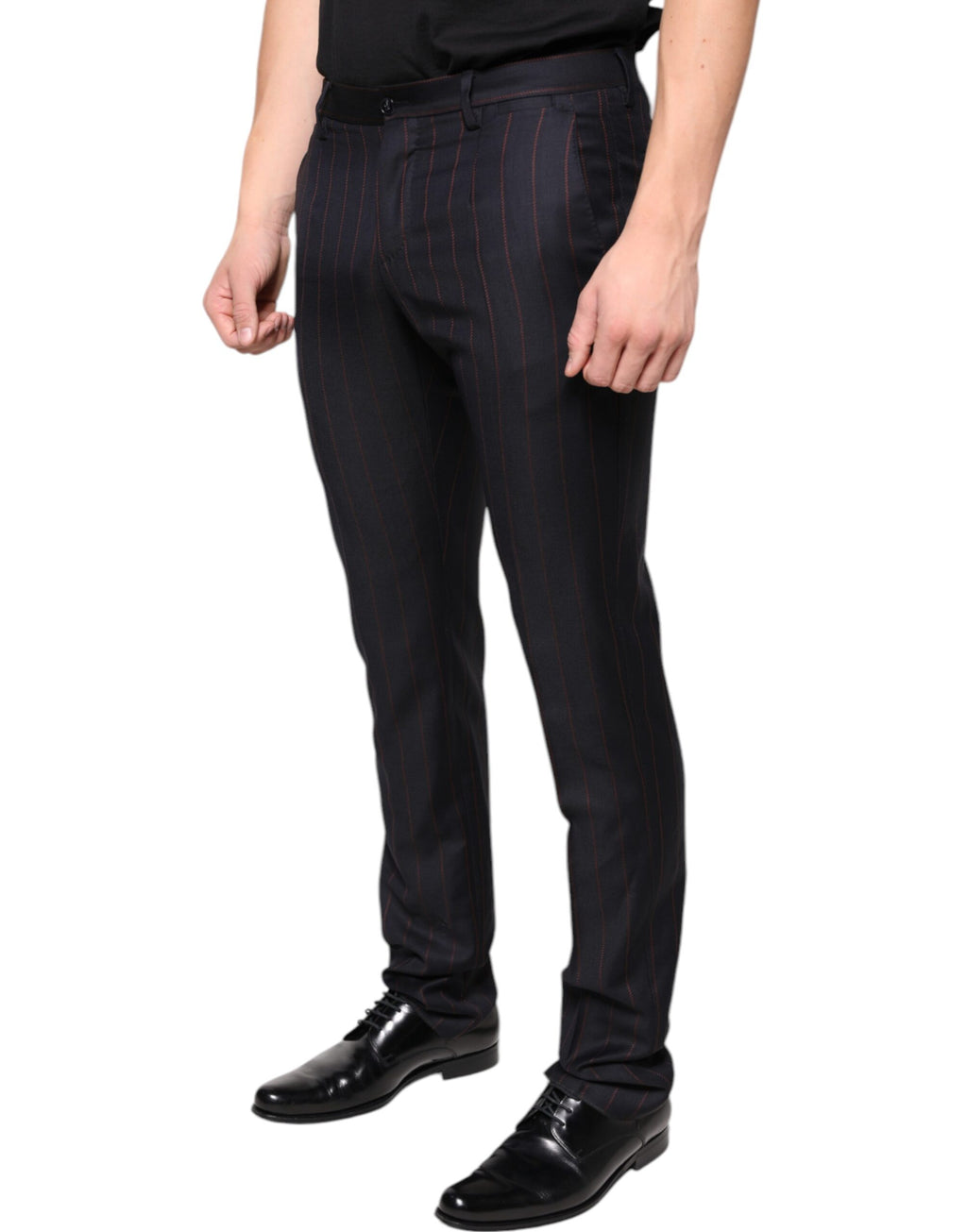 Pantalon homme Dolce & Gabbana à rayures noires, coupe skinny, pantalon de costume élégant avec fermeture éclair et poches avant.