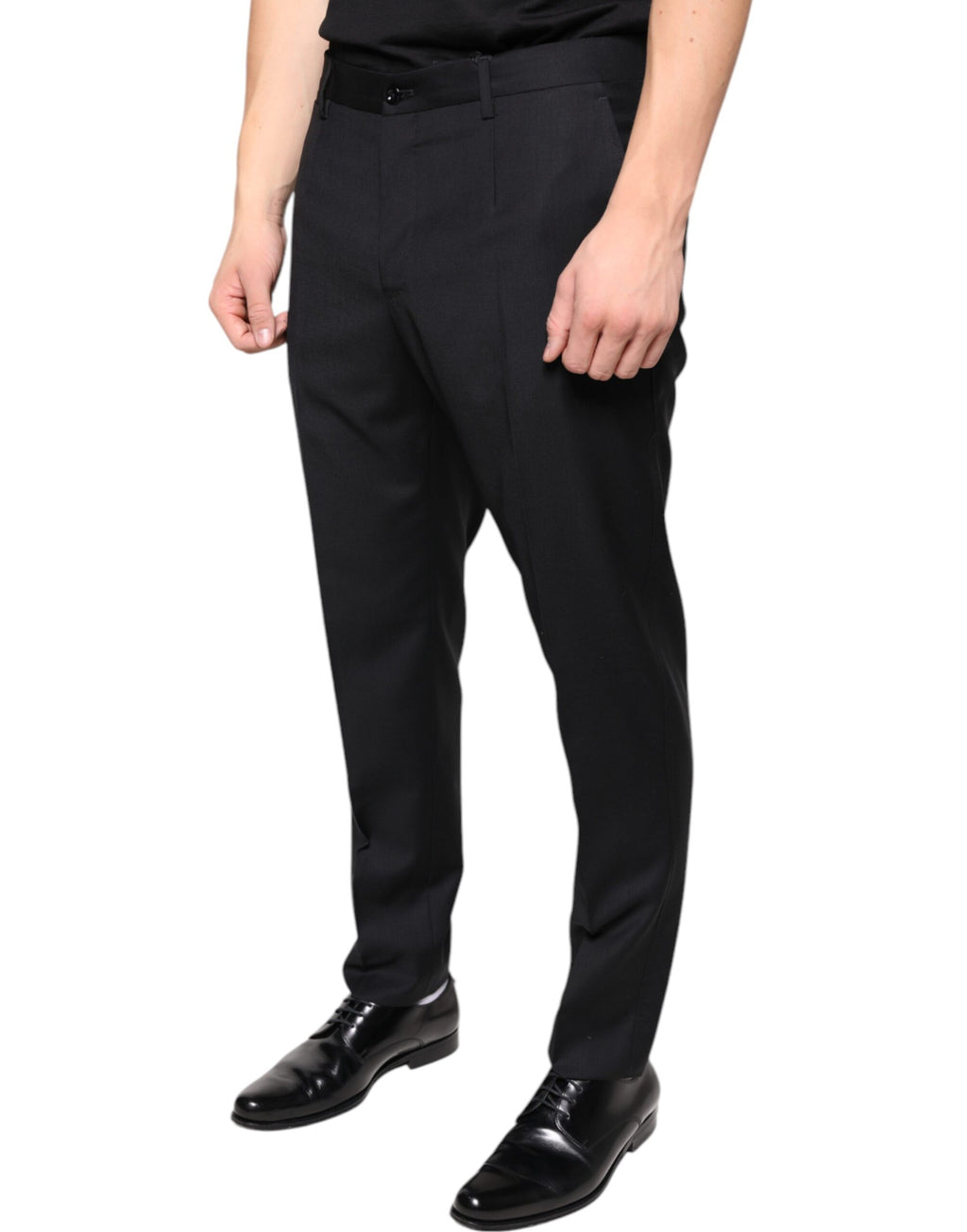 Pantalon homme Dolce & Gabbana en laine noire, coupe skinny, pantalon de costume élégant et ajusté.