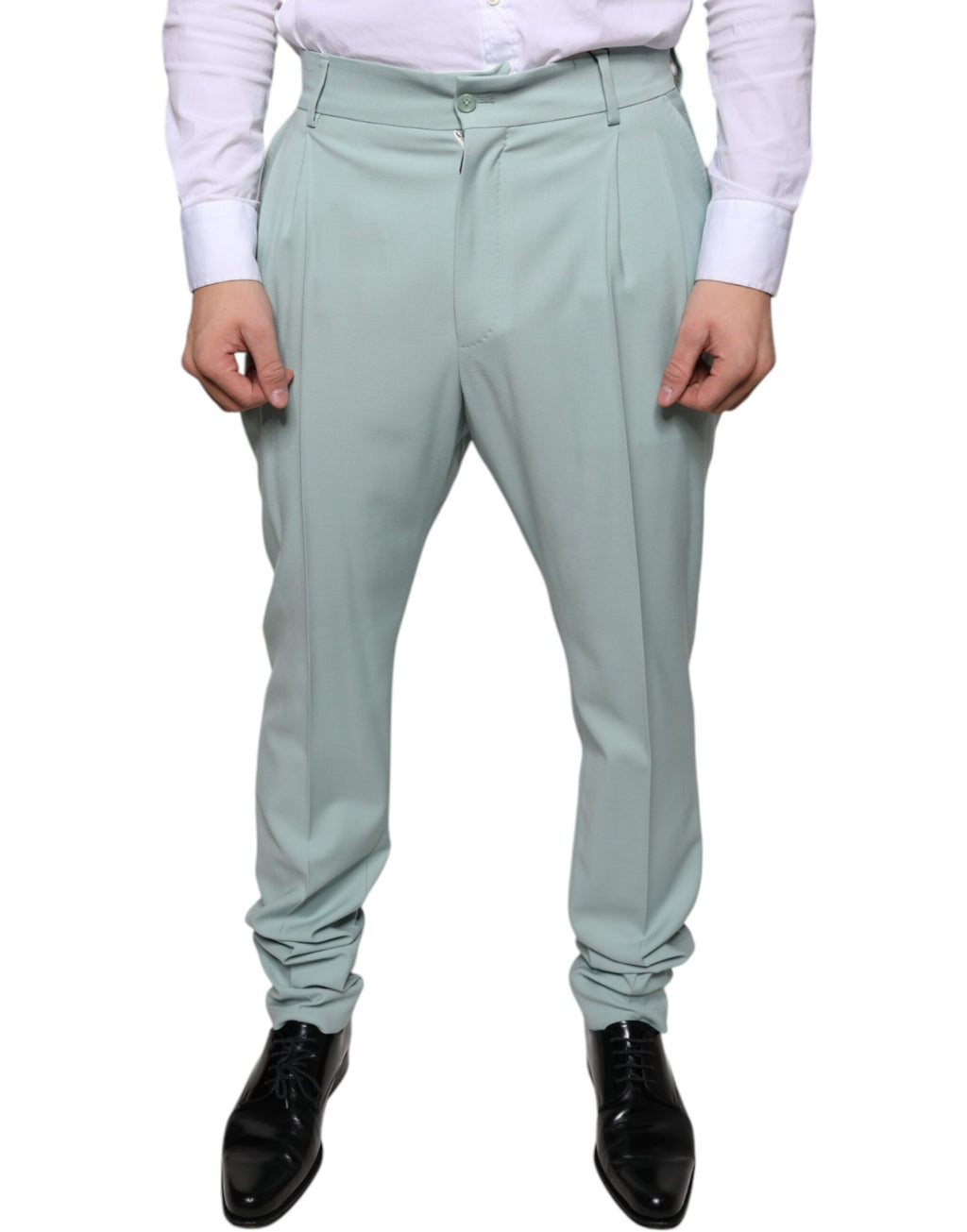 Pantalon en coton vert menthe de Dolce & Gabbana, pantalon habillé pour femme, vue de face avec détails de couture.
