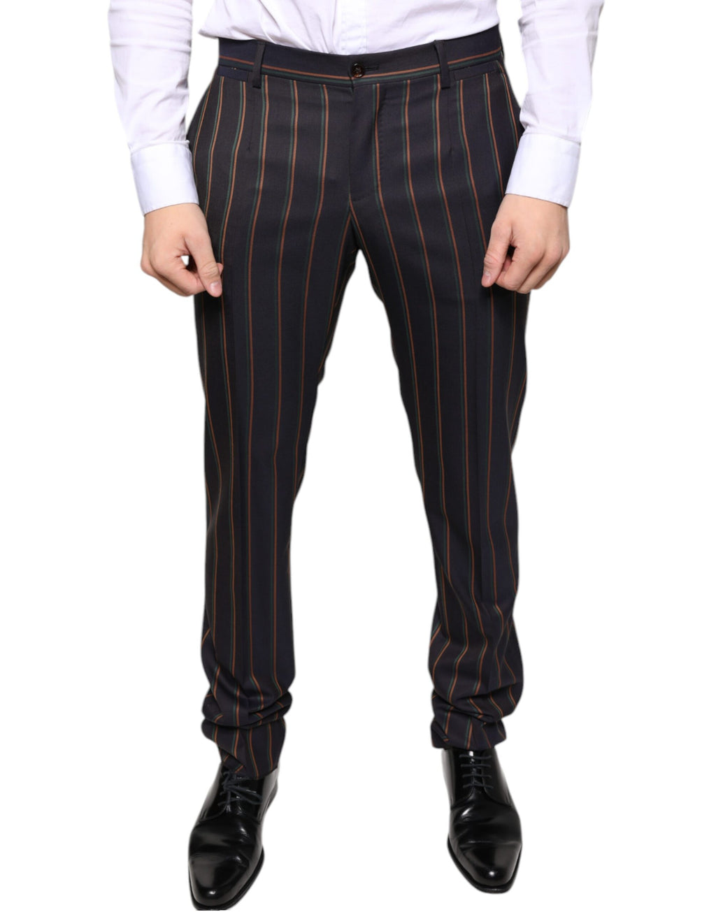 Pantalon homme Dolce & Gabbana à rayures marron, coupe skinny, style élégant pour les tenues habillées.