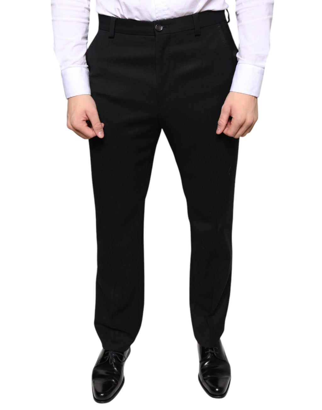 Pantalon homme Dolce & Gabbana en laine noire, coupe skinny, style élégant pour une tenue formelle.