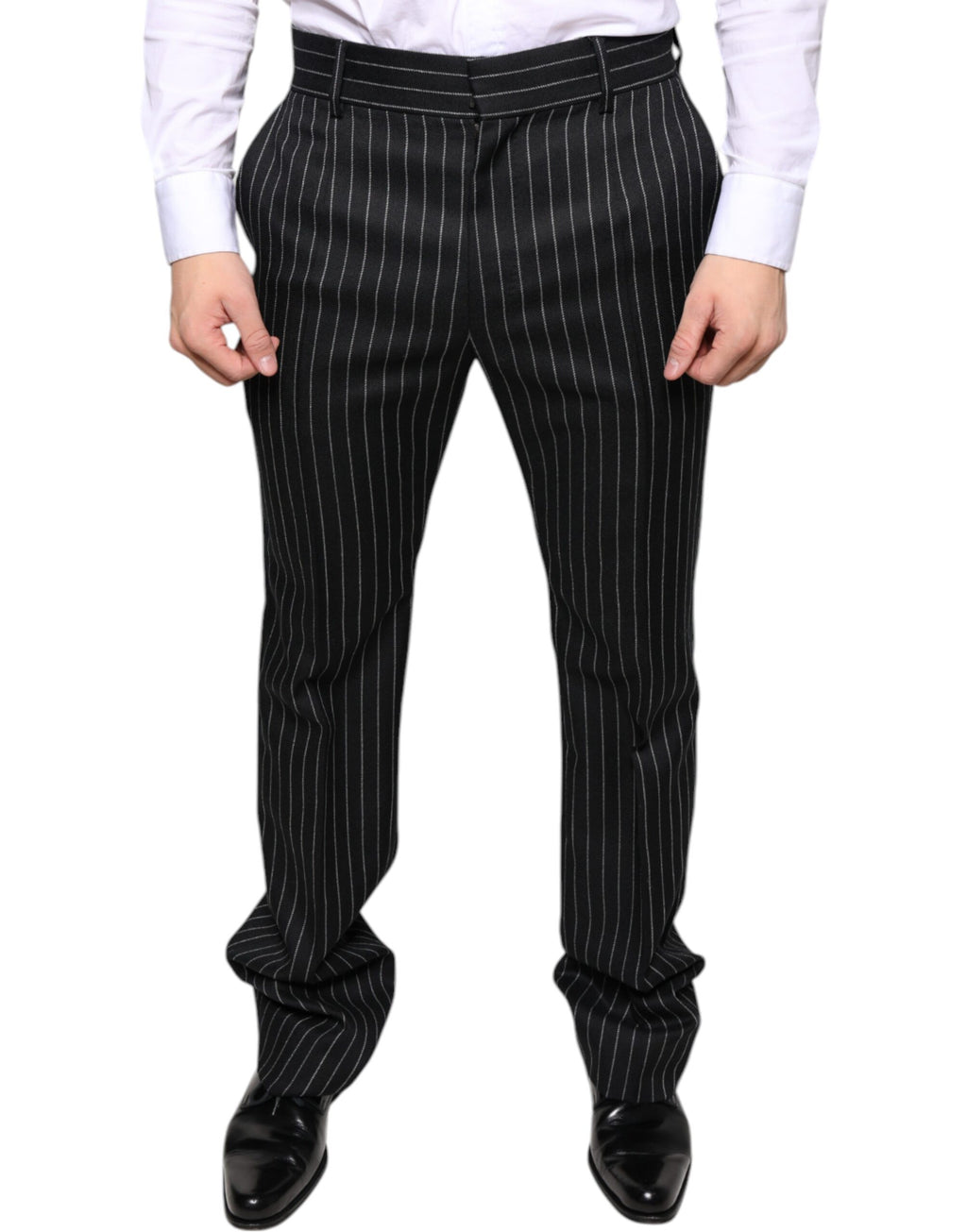 Pantalon homme skinny à rayures noires de Dolce & Gabbana, pantalon de costume élégant pour hommes.