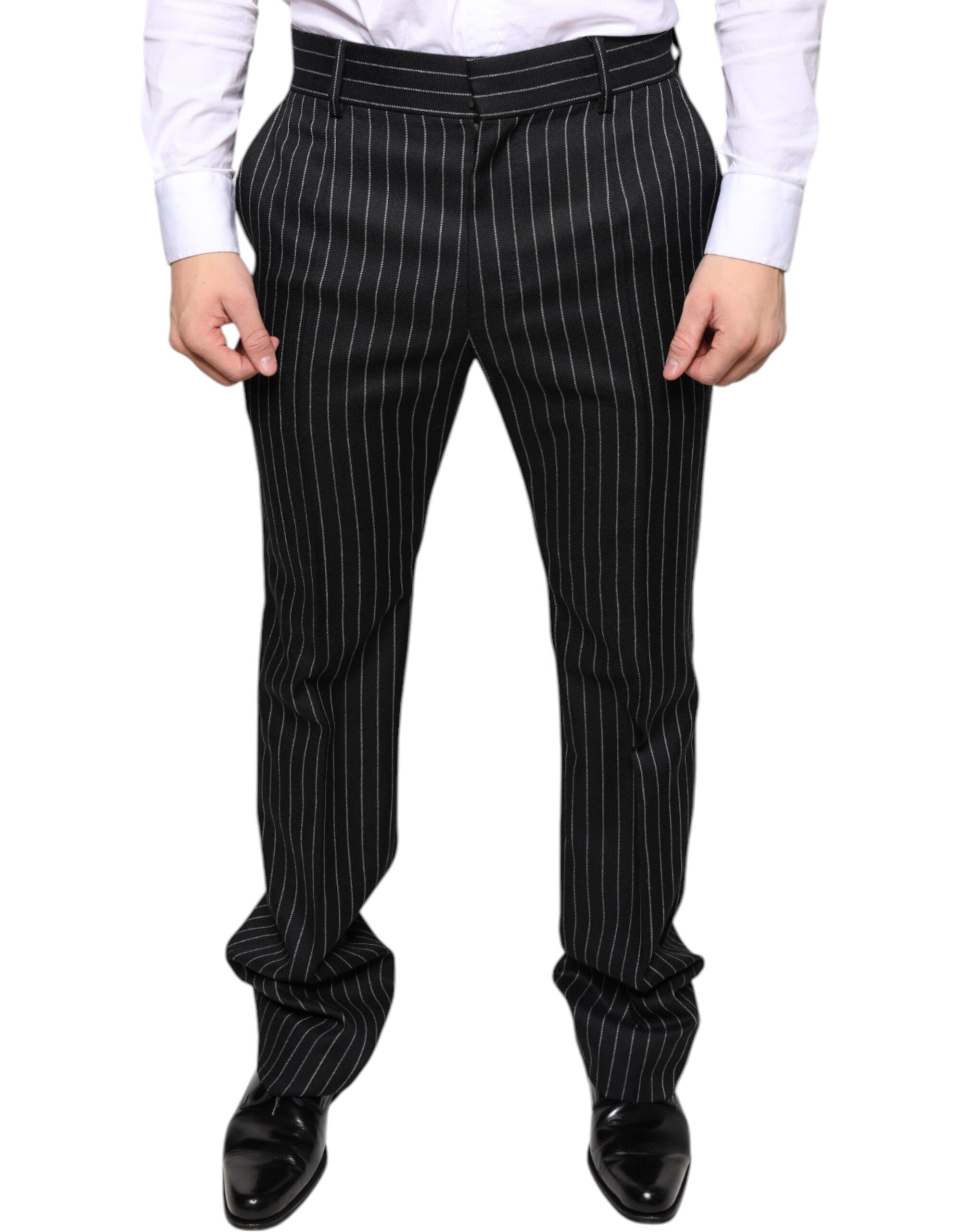 Pantalon homme skinny à rayures noires de Dolce & Gabbana, pantalon de costume élégant pour hommes.