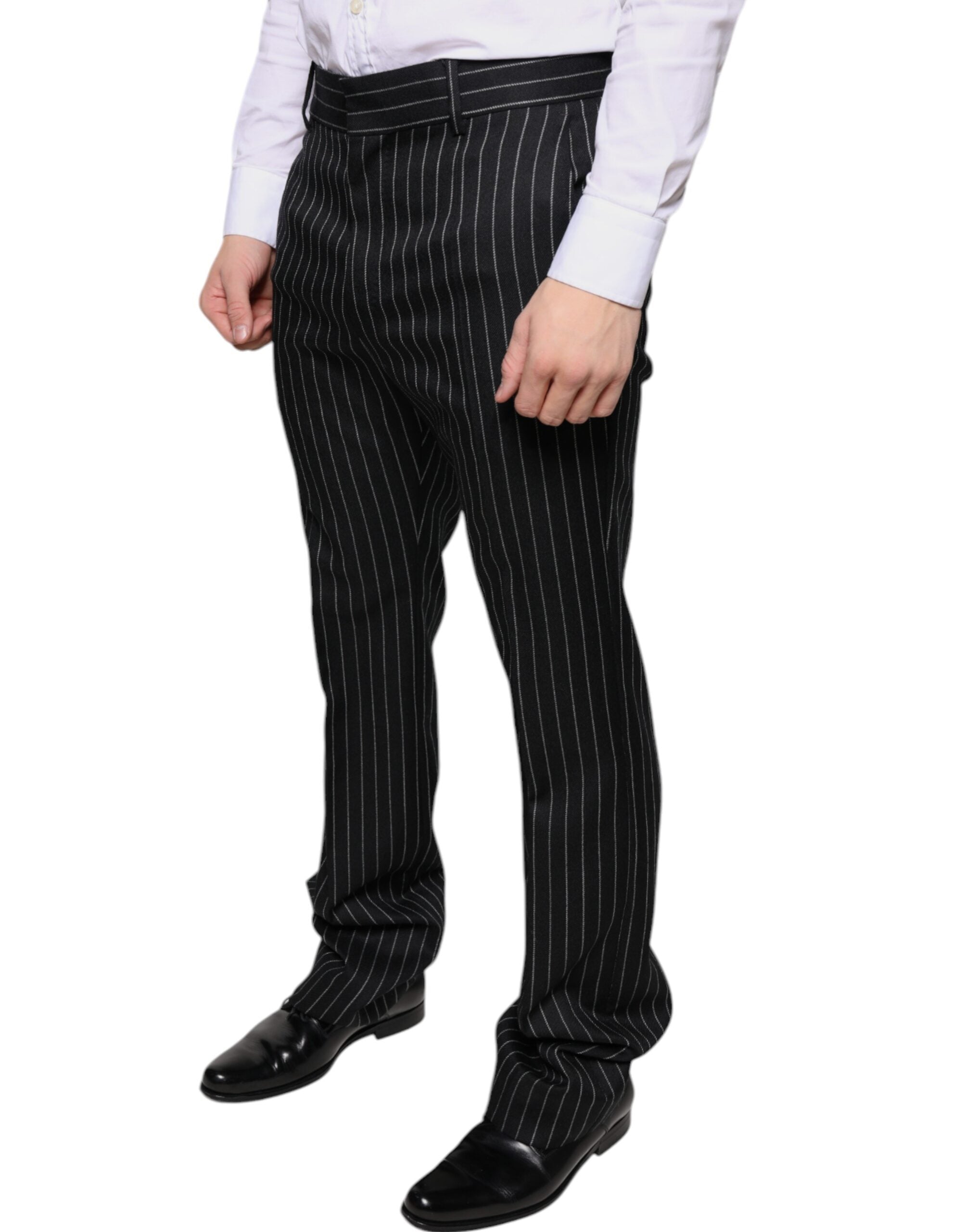 Pantalon slim homme Dolce & Gabbana à rayures noires, pantalon de costume élégant en tissu léger.