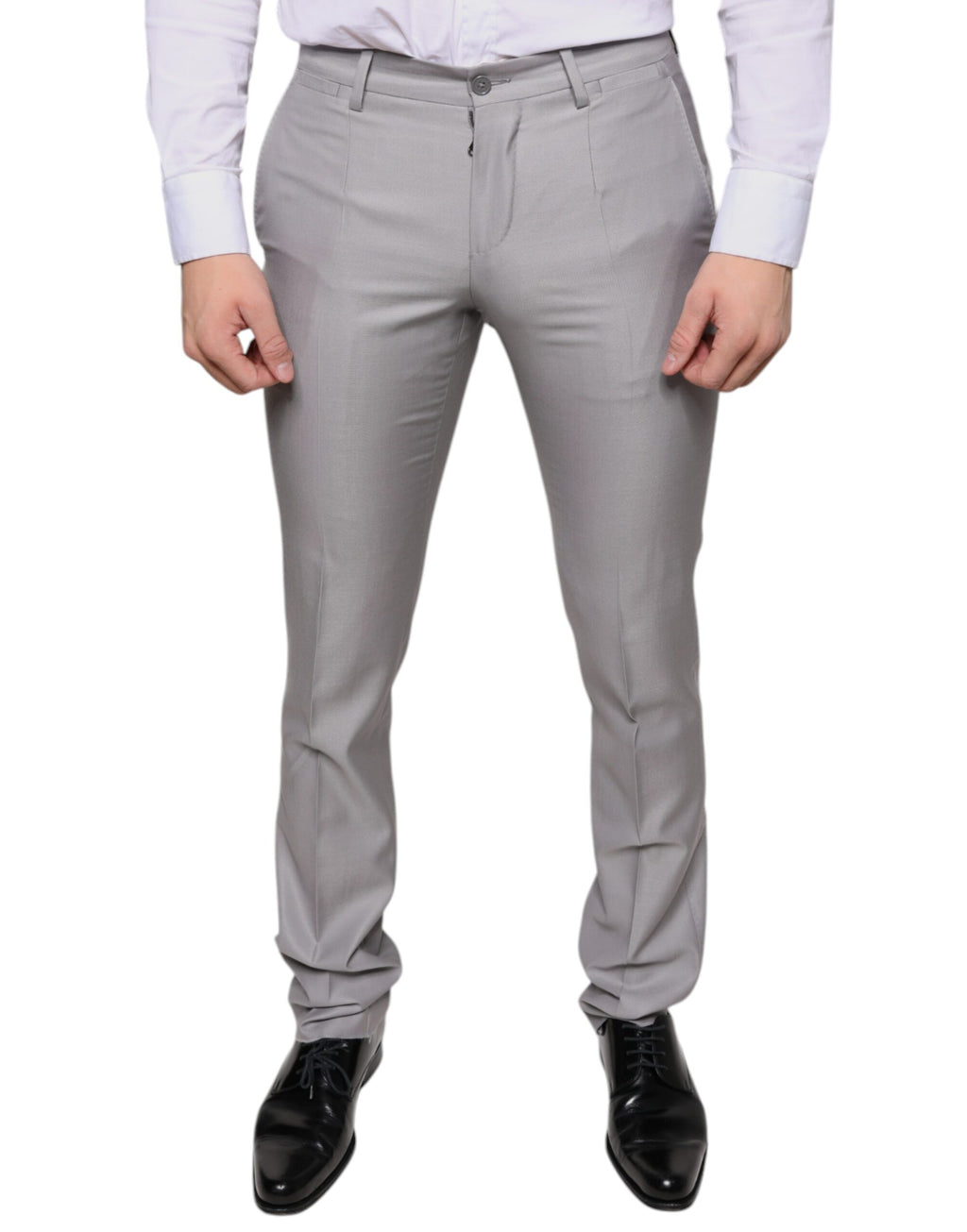 Pantalon en laine gris clair Dolce & Gabbana pour homme, coupe élégante et détails sophistiqués visibles sur l'image.