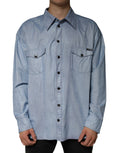Chemise décontractée en coton Dolce & Gabbana Light Blue avec boutons, style casual, vue de face.