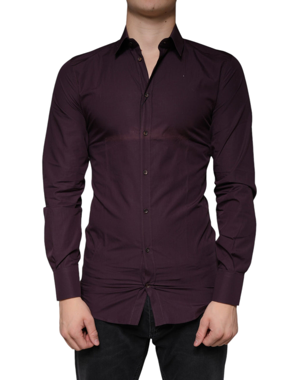 Chemise formelle Dolce & Gabbana en coton violet foncé avec détails en or, adaptée pour hommes élégants.