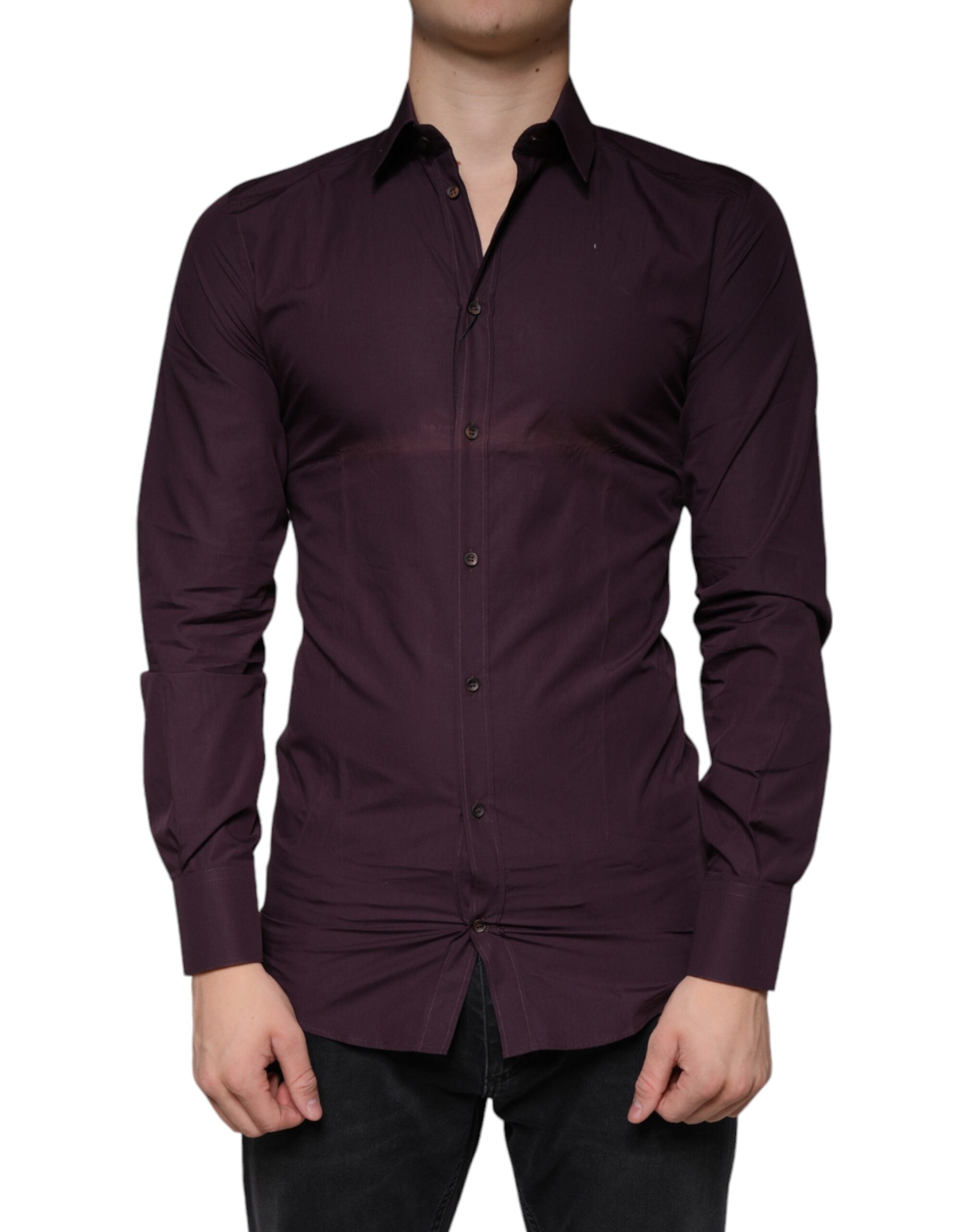 Chemise formelle Dolce & Gabbana en coton violet foncé avec détails en or, adaptée pour hommes élégants.