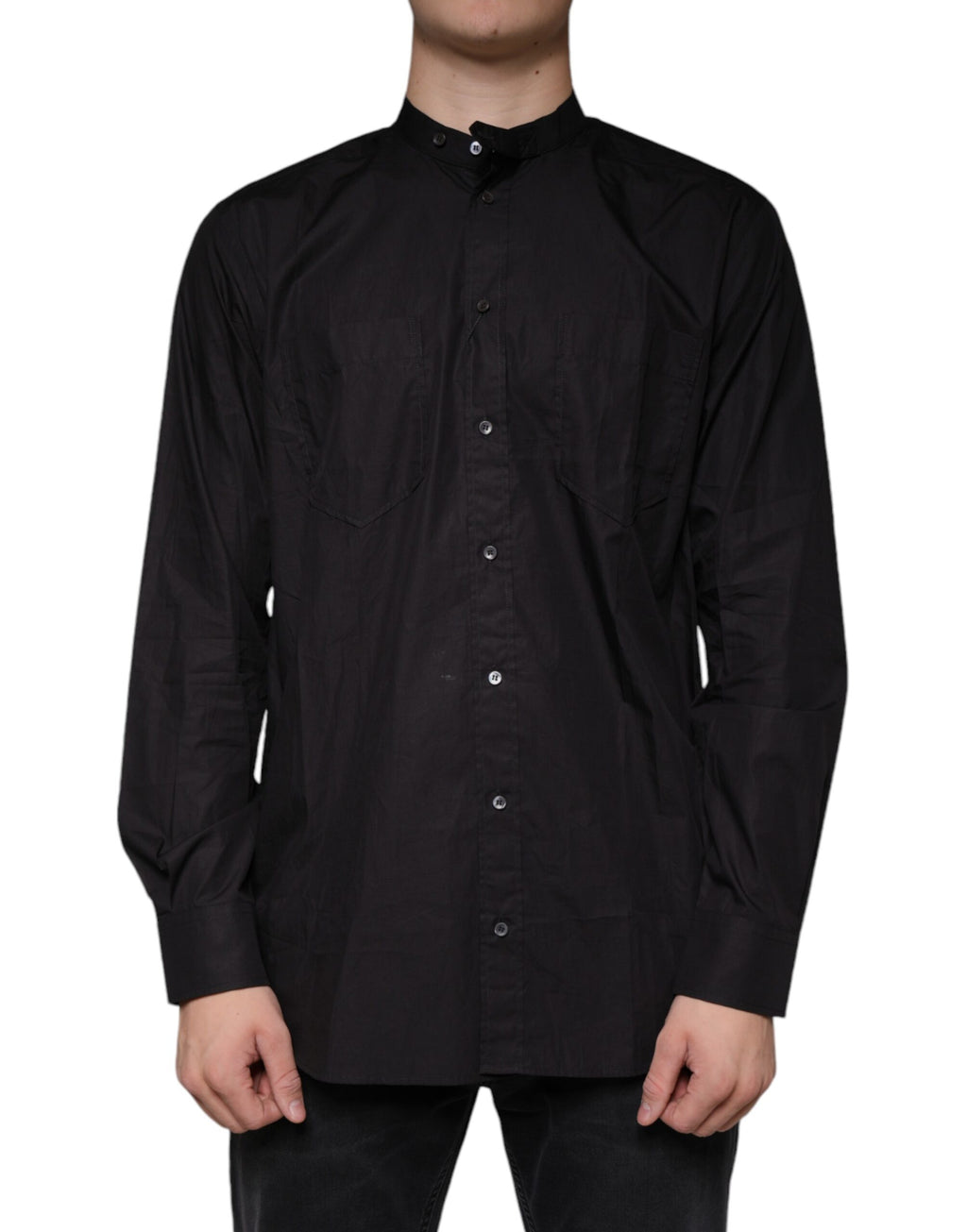 Chemise homme Dolce & Gabbana en coton noir à boutons, style casual avec col classique, vue de face.