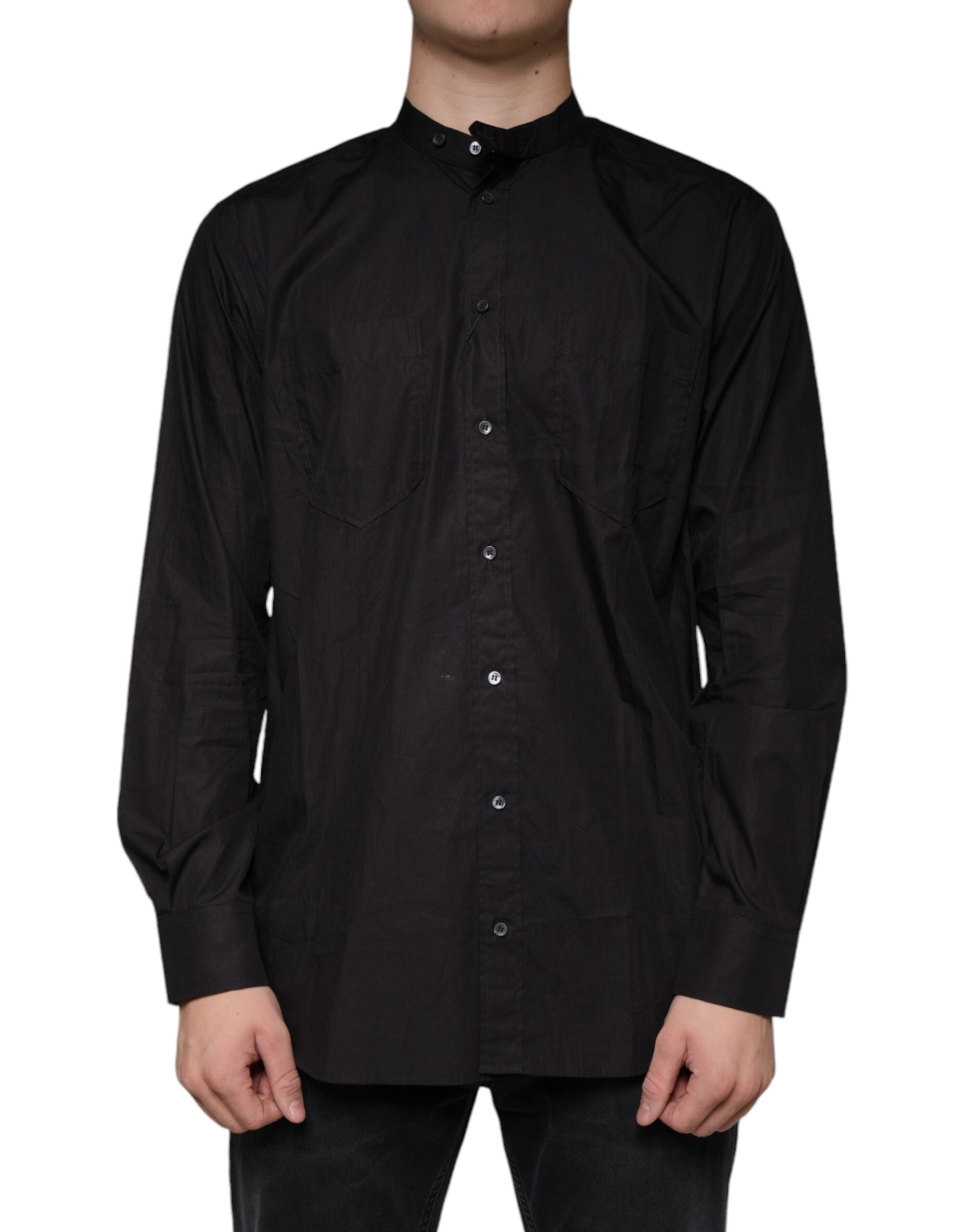 Chemise homme Dolce & Gabbana en coton noir à boutons, style casual avec col classique, vue de face.