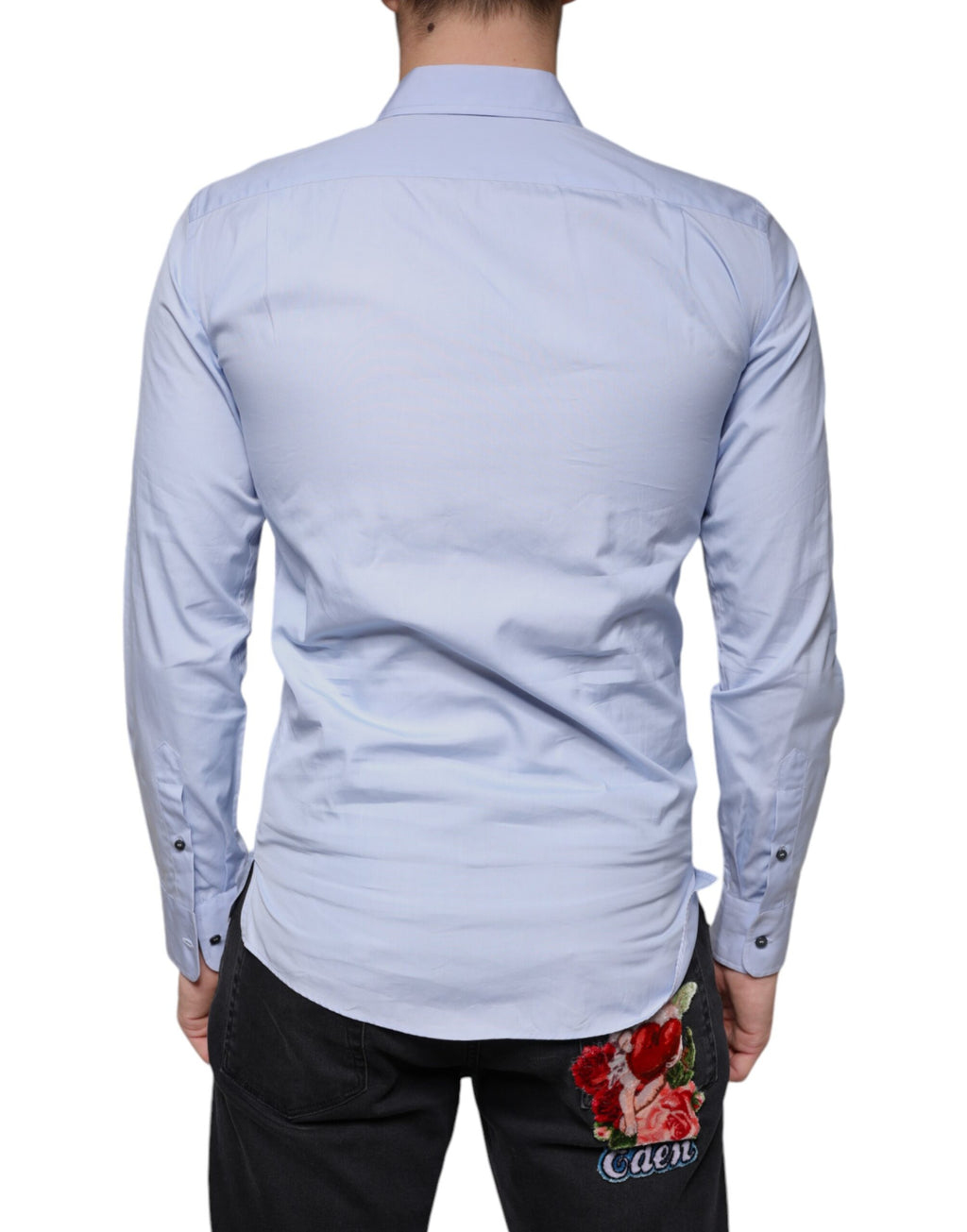 Chemise homme Dolce & Gabbana Light Blue en coton, costume formel élégant avec col et boutons visibles.