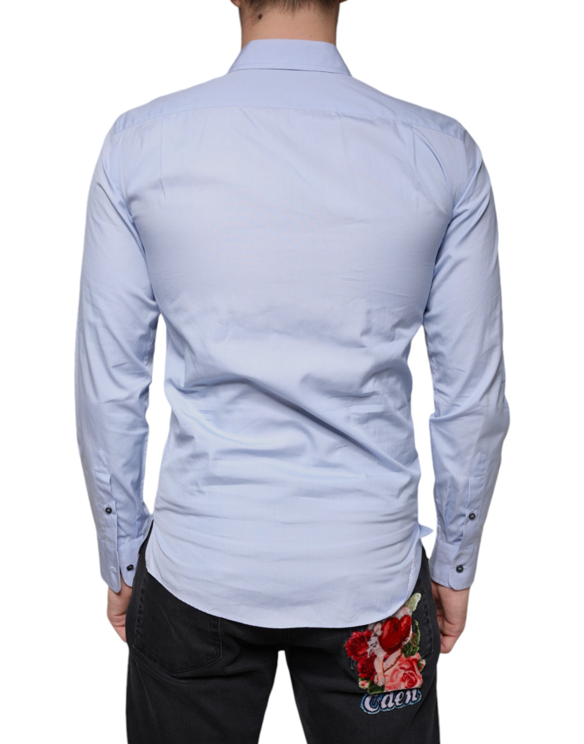 Chemise homme Dolce & Gabbana Light Blue en coton, costume formel élégant avec col et boutons visibles.