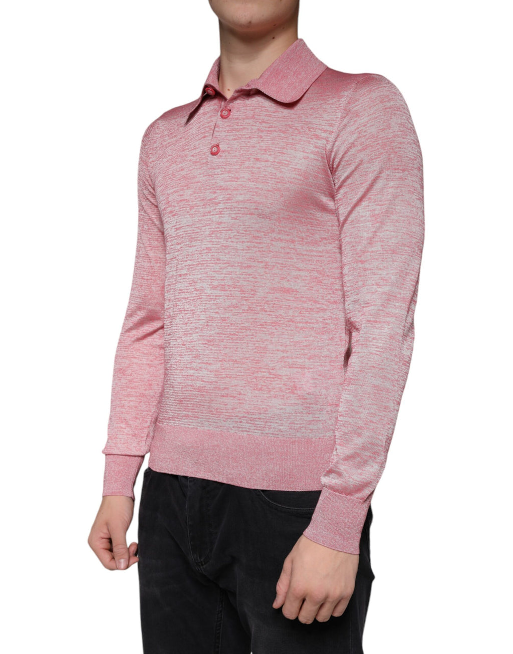 Polo homme Dolce & Gabbana en polyester rose à manches longues, style élégant et décontracté, vue de face.