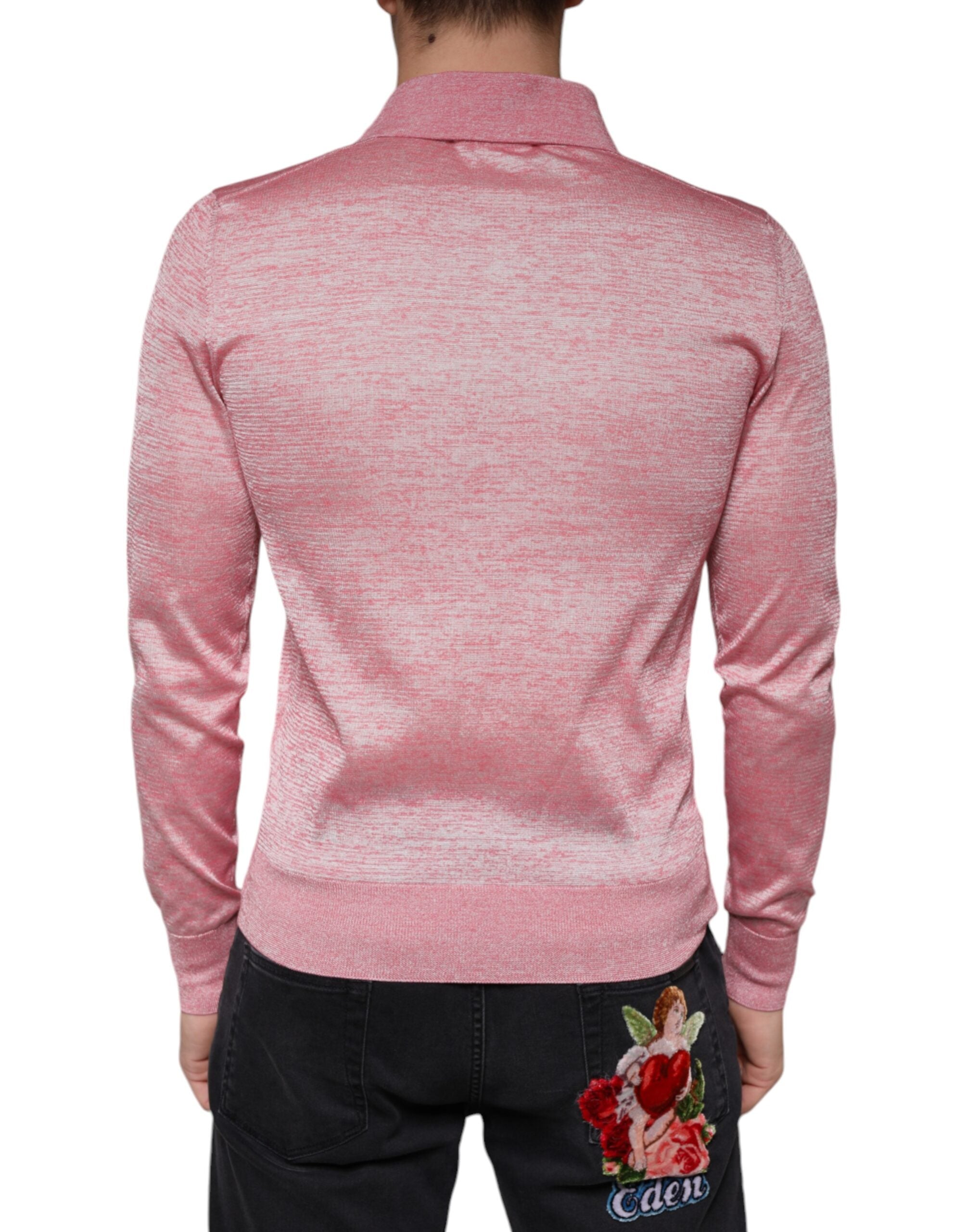 Polo homme à manches longues en polyester rose Dolce & Gabbana, vue de face avec col et logo visible.