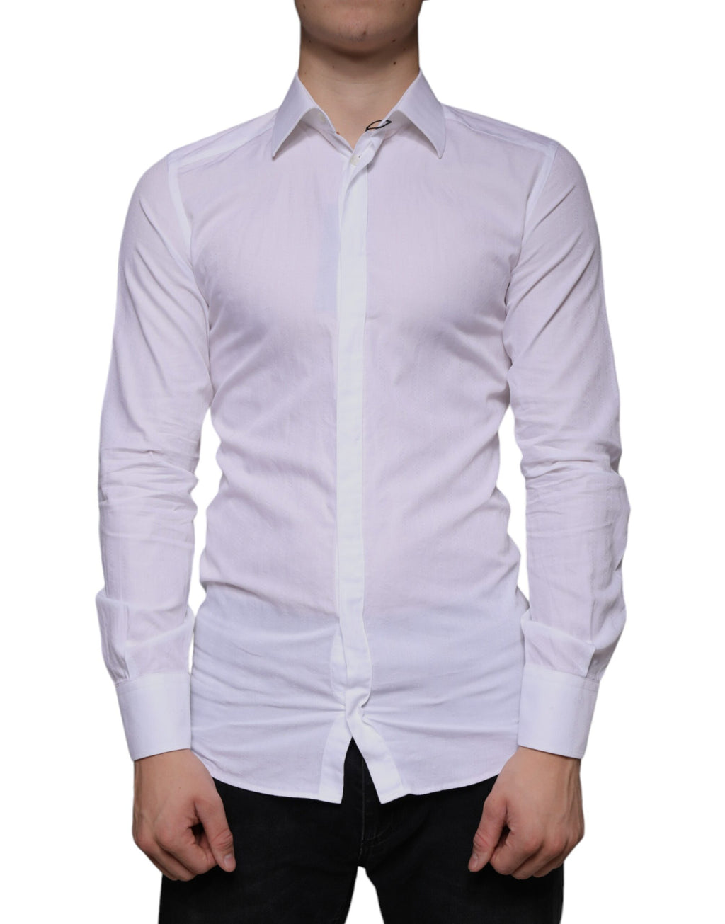 Chemise formelle blanche en coton pour homme Dolce & Gabbana, avec détails en or, vue de face.