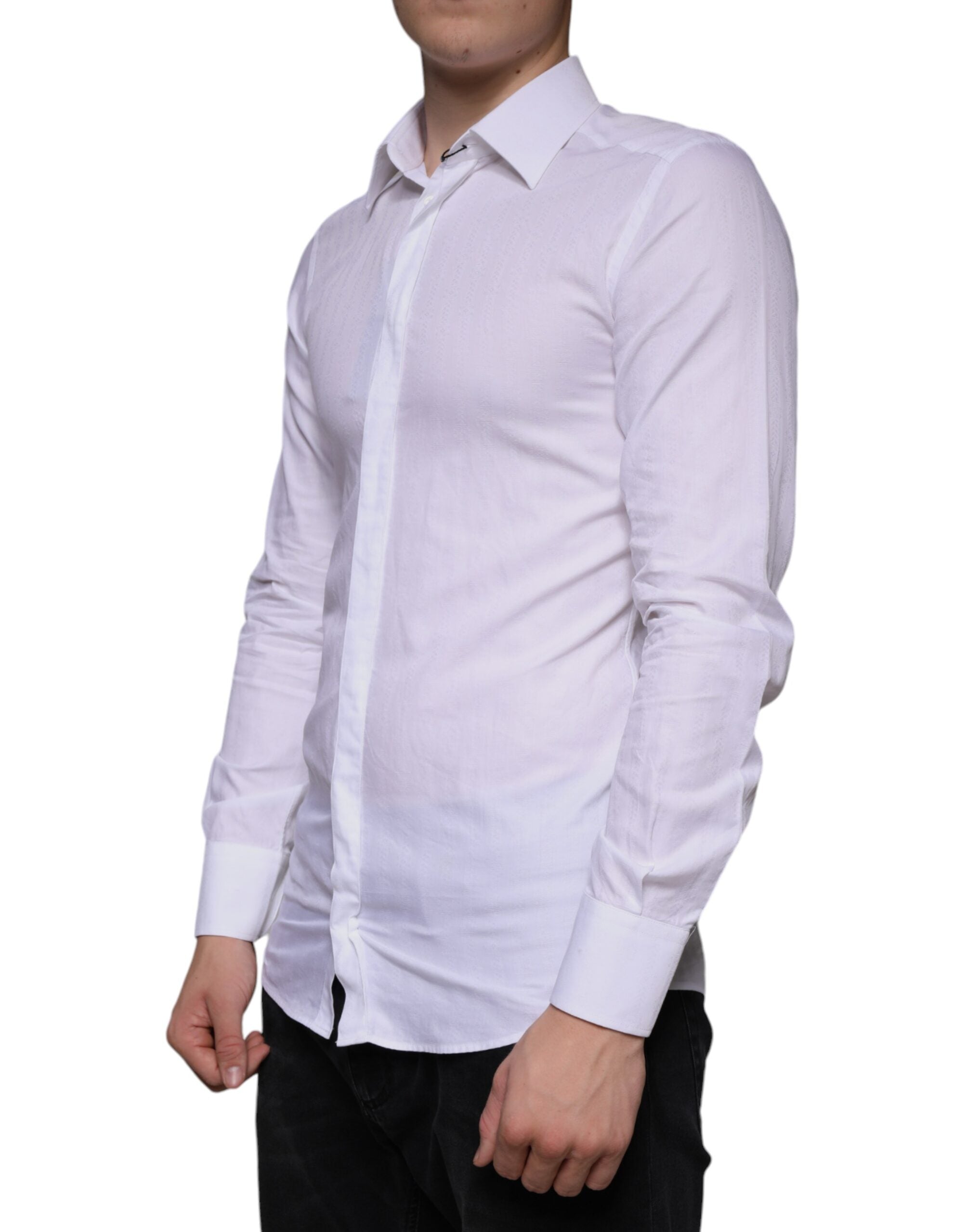 Chemise blanche en coton pour homme Dolce & Gabbana, chemise formelle dorée, détails élégants, vue de face.