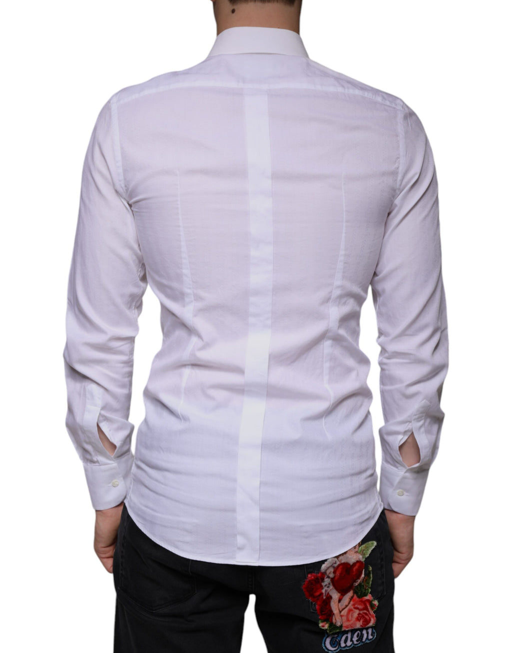 Chemise formelle blanche en coton pour homme Dolce & Gabbana avec détails dorés, vue de face.