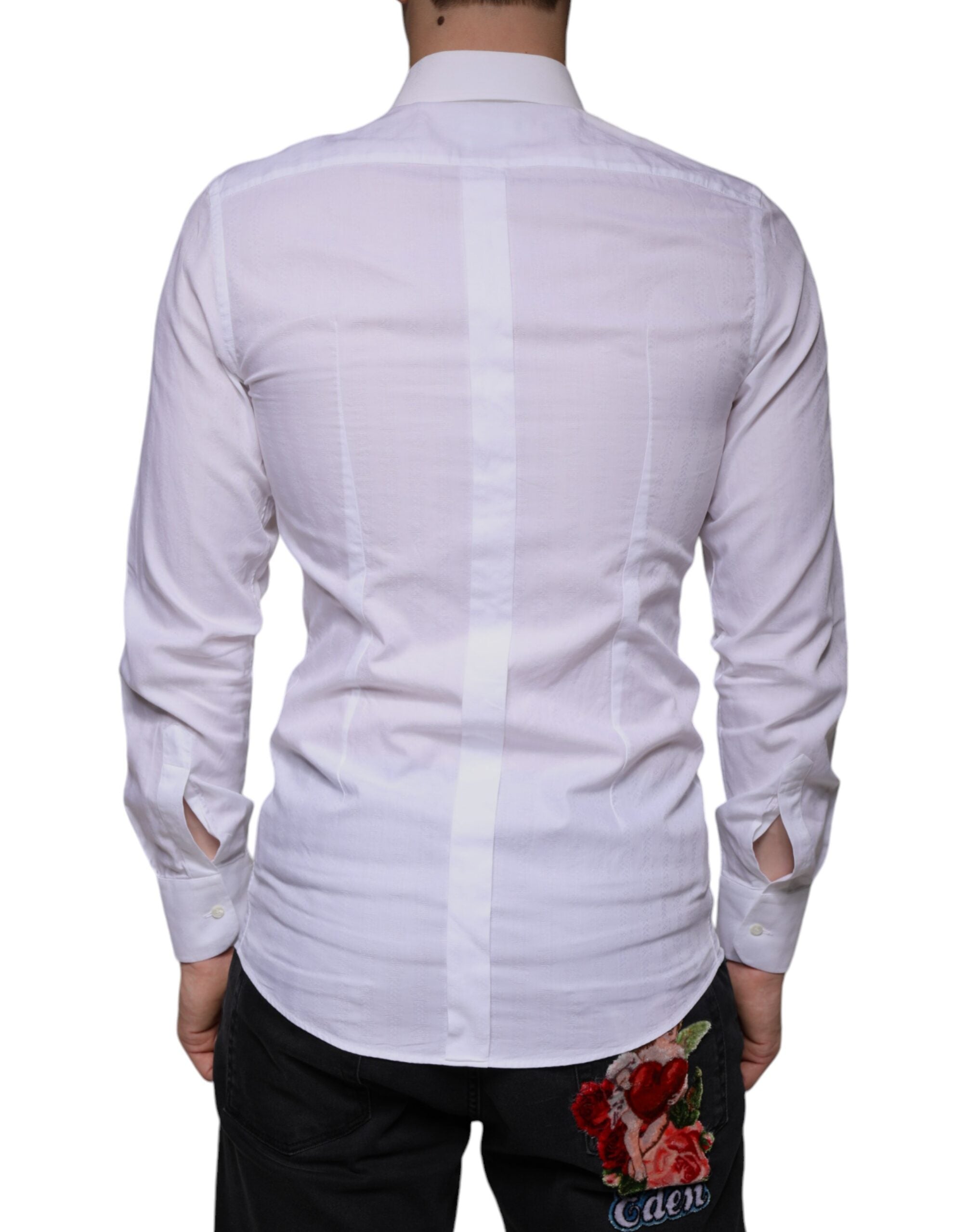 Chemise formelle blanche en coton pour homme Dolce & Gabbana avec détails dorés, vue de face.