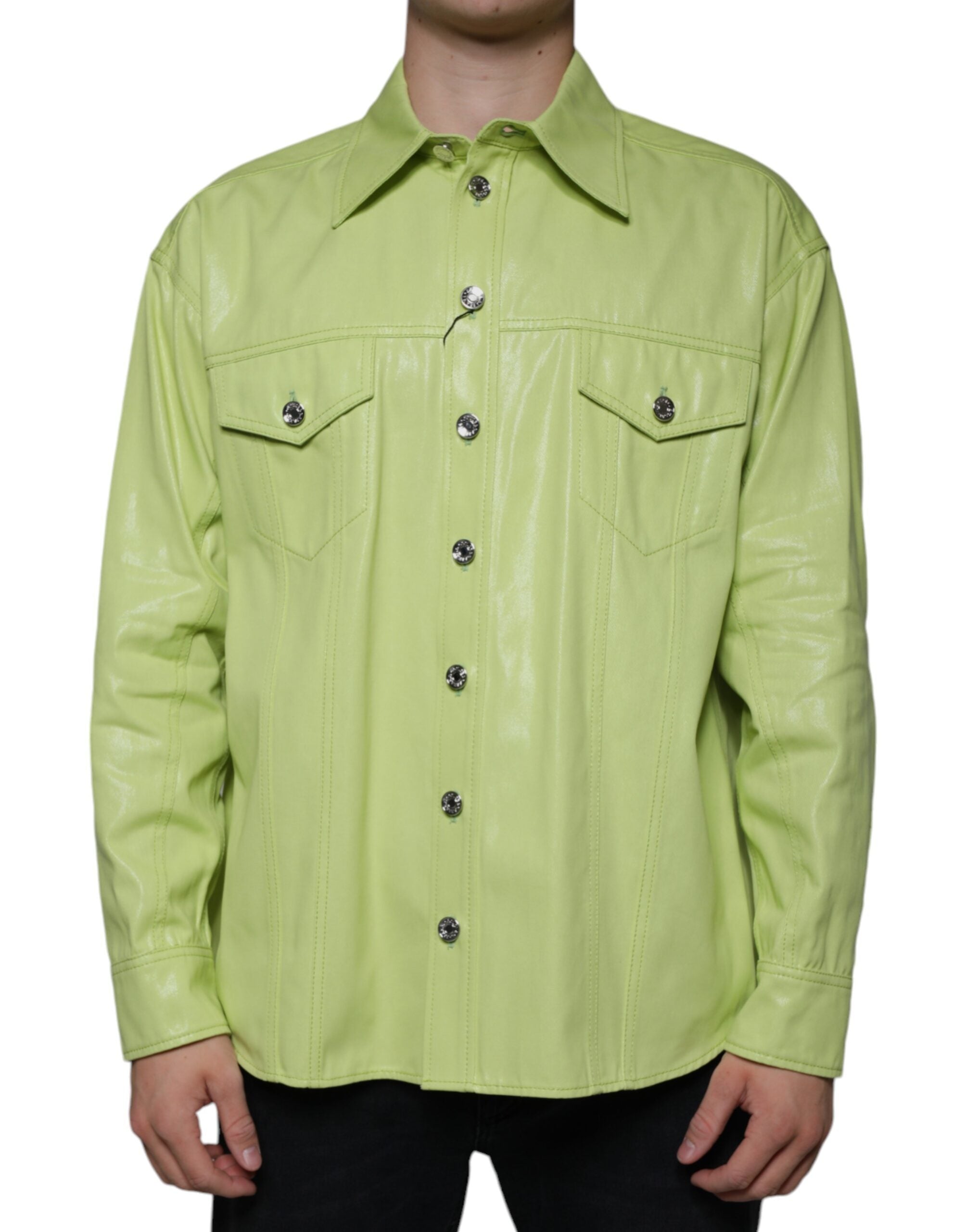 Chemise pour homme Dolce & Gabbana en coton vert avec col boutonné, style élégant et moderne.