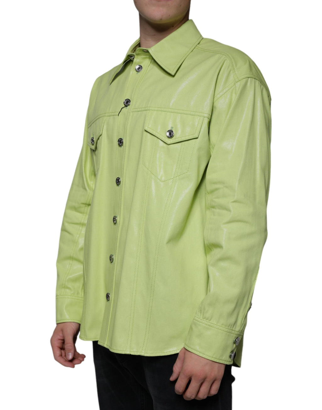 Chemise pour homme Dolce & Gabbana en coton vert avec col, boutons devant, style élégant et sophistiqué.