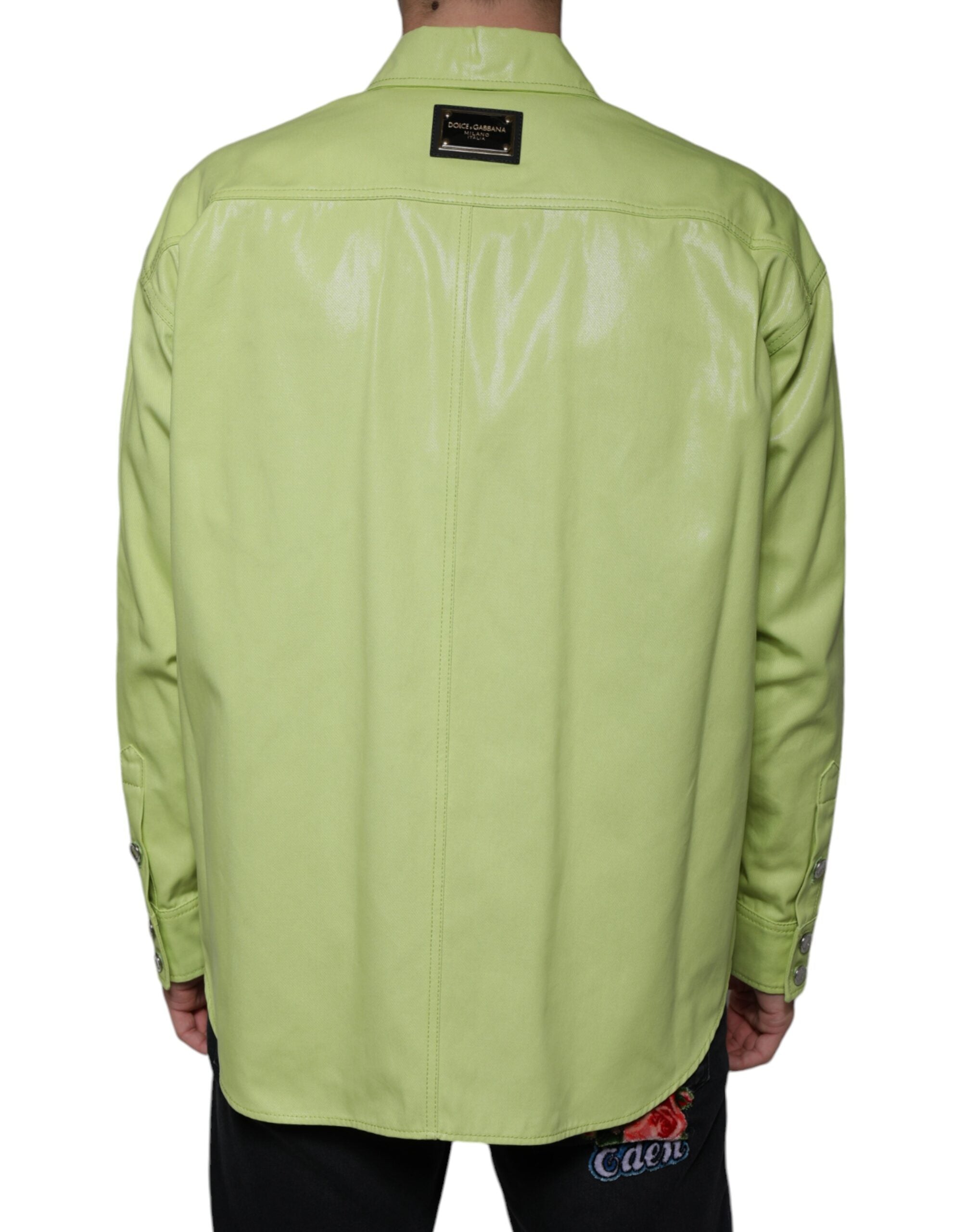 Chemise pour homme Dolce & Gabbana en coton vert avec col et boutons, vue de face.