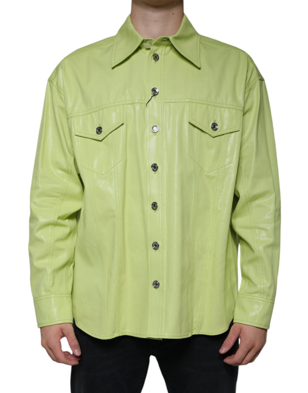 Chemise pour homme Dolce & Gabbana en coton vert avec col et boutons, vue de face.