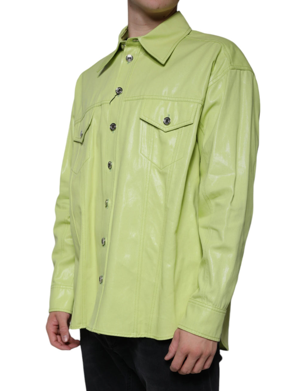 Chemise homme Dolce & Gabbana en coton vert à col et boutons, vue de face.