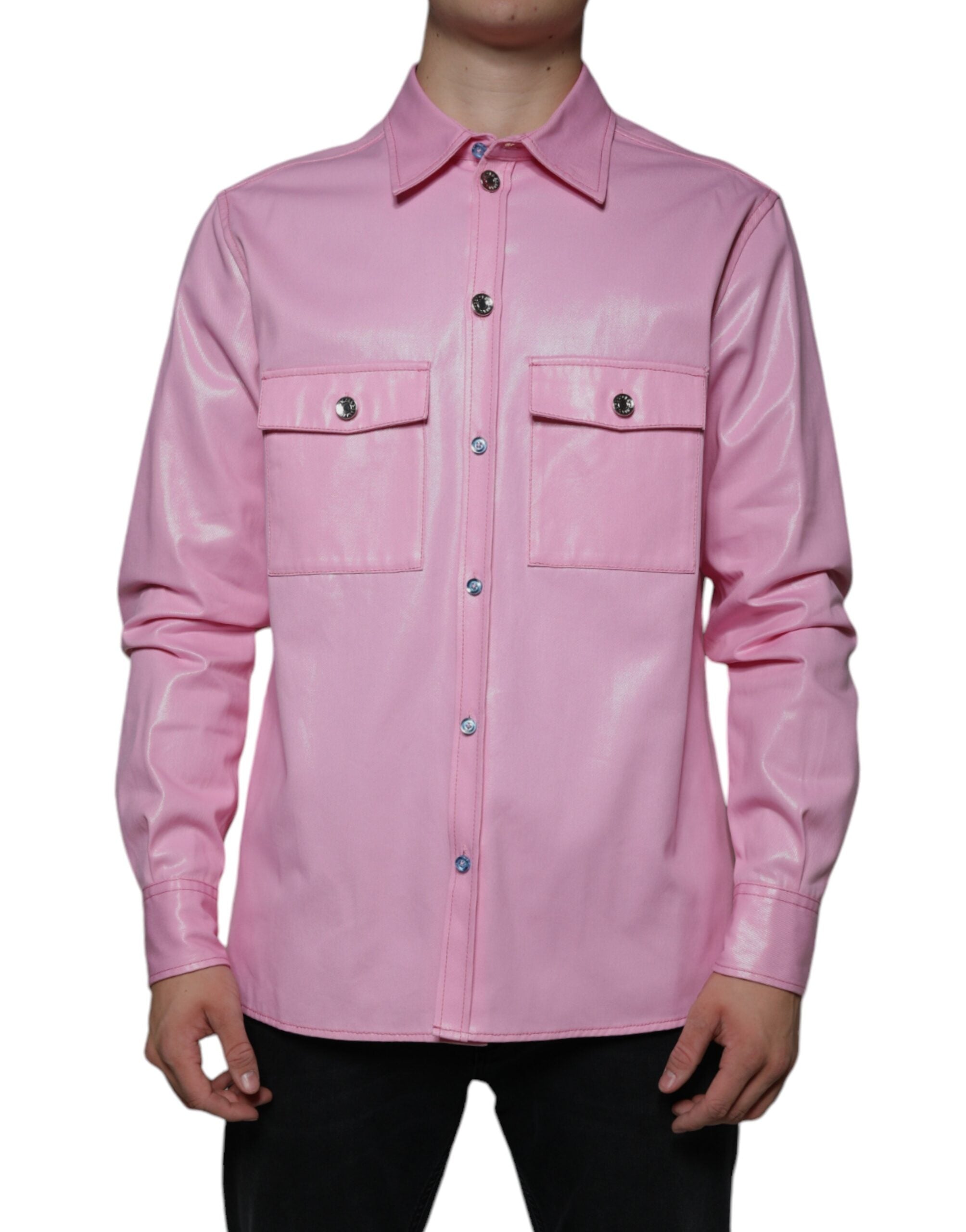 Chemise en coton rose Dolce & Gabbana avec col et boutons, vue de face.