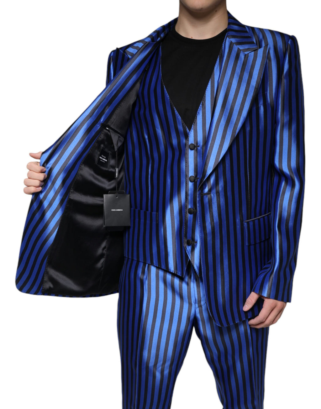 Costume 3 pièces formel à rayures bleues métalliques de Dolce & Gabbana, veste, pantalon et gilet élégants.