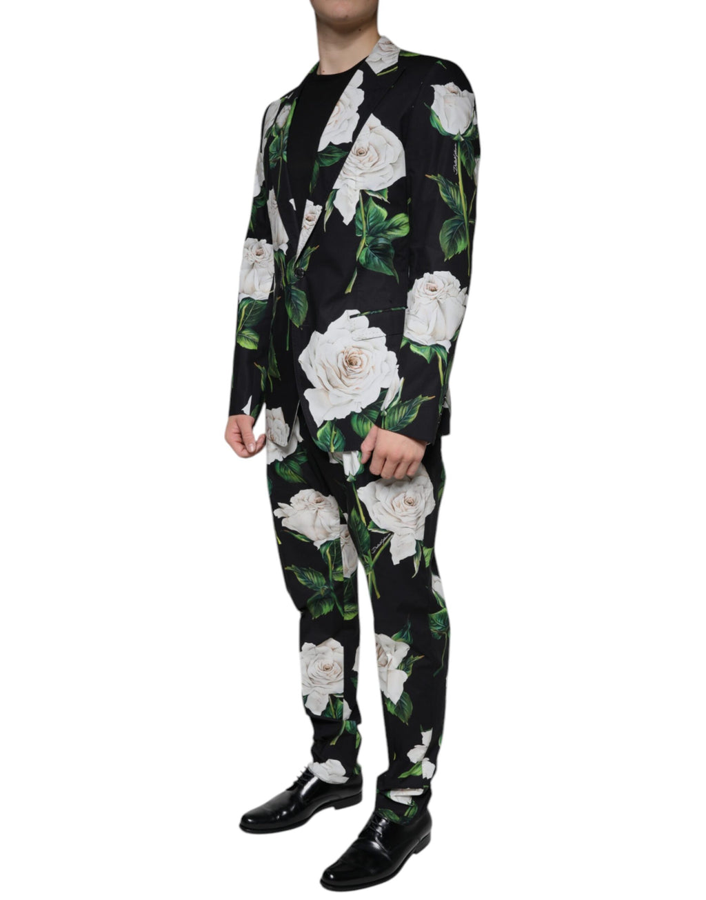 Costume homme formel Dolce & Gabbana en coton noir avec motif de rose, costume 2 pièces élégant et classique.