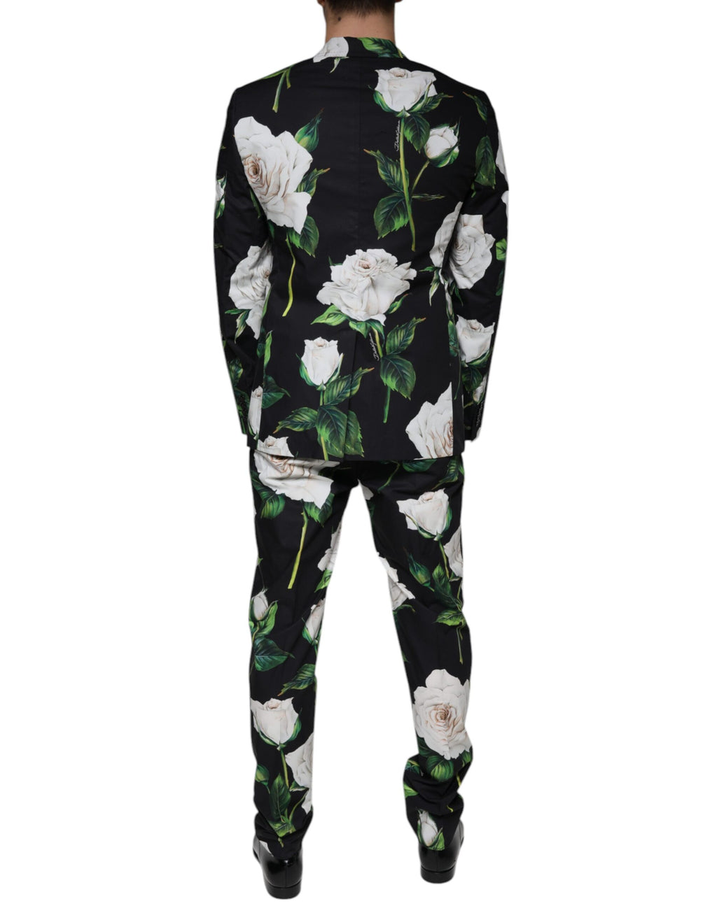 Costume homme Dolce & Gabbana noir avec motif de roses en coton, costume formel 2 pièces élégant et sophistiqué.