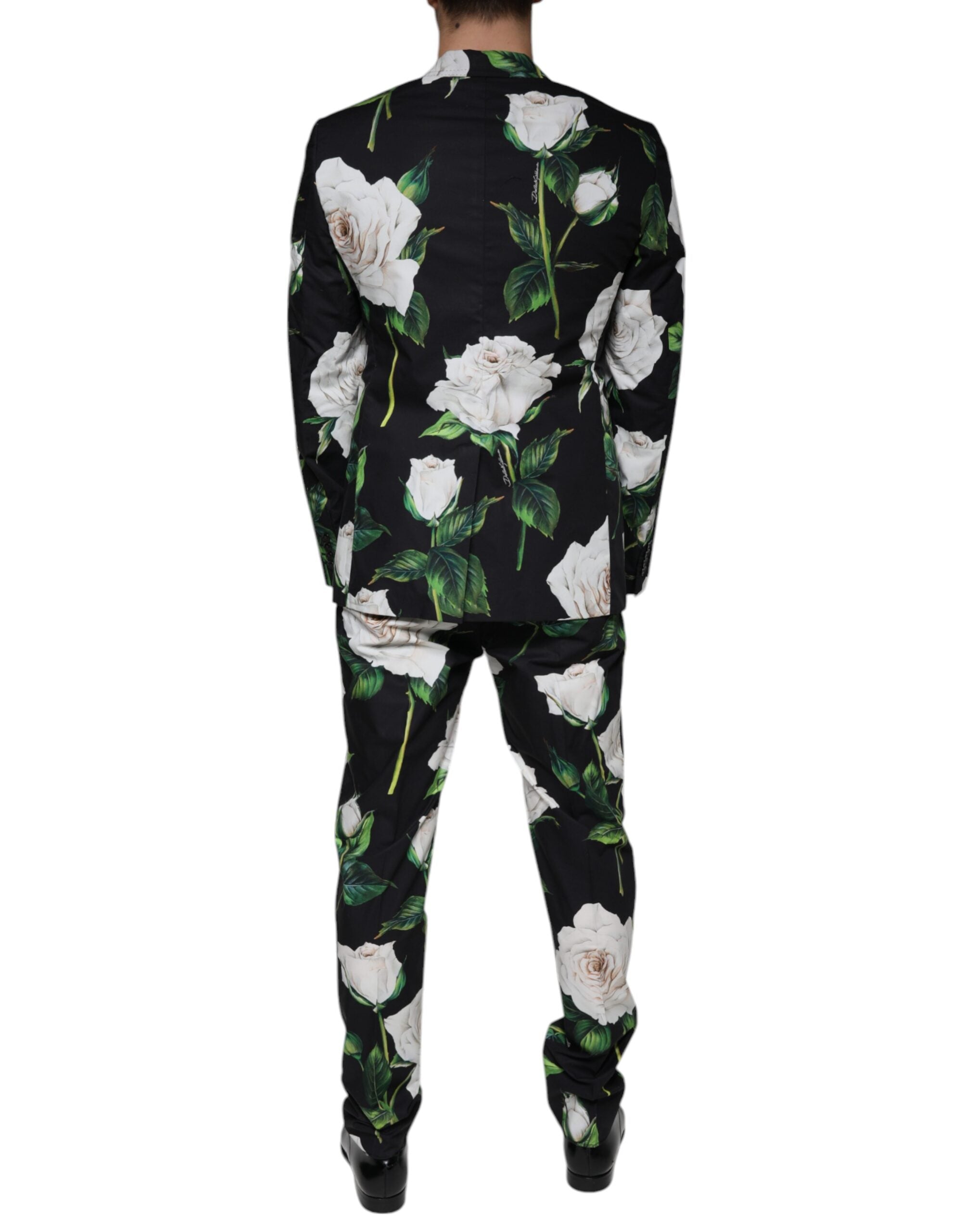 Costume homme Dolce & Gabbana noir avec motif de roses en coton, costume formel 2 pièces élégant et sophistiqué.