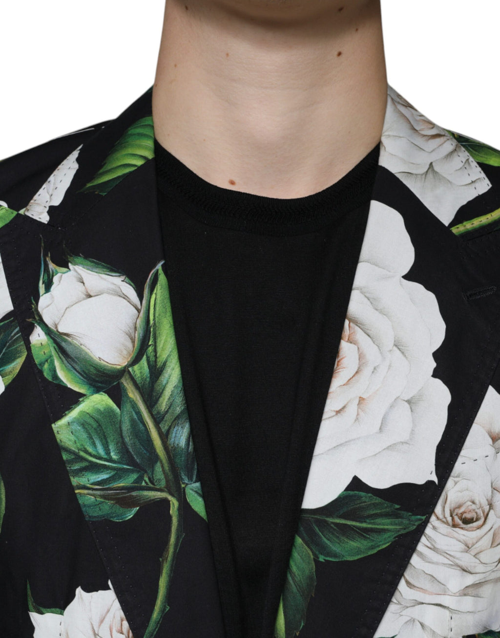 Costume deux pièces Dolce & Gabbana pour homme en coton noir avec motif rose, idéal pour occasions formelles.