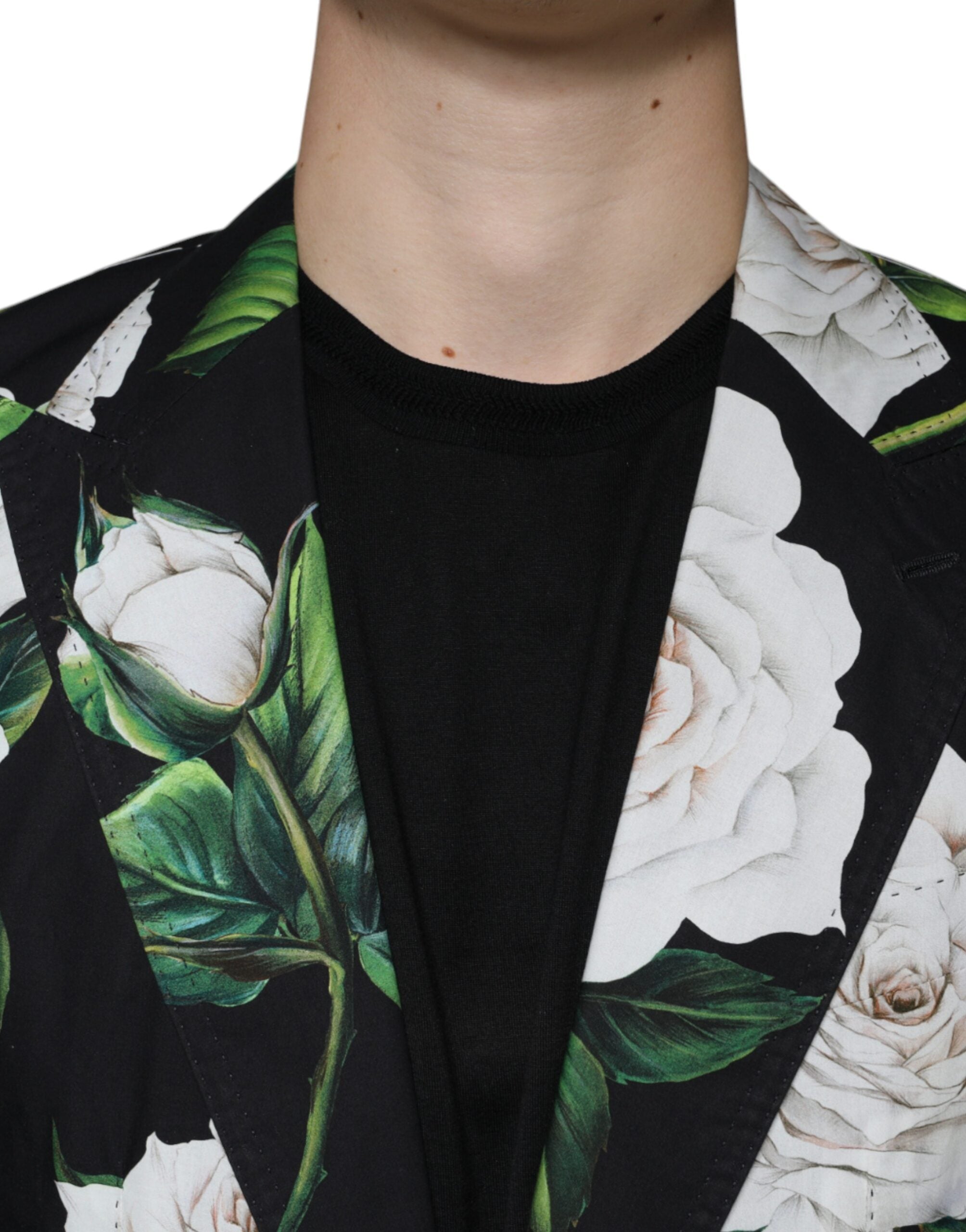 Costume deux pièces Dolce & Gabbana pour homme en coton noir avec motif rose, idéal pour occasions formelles.