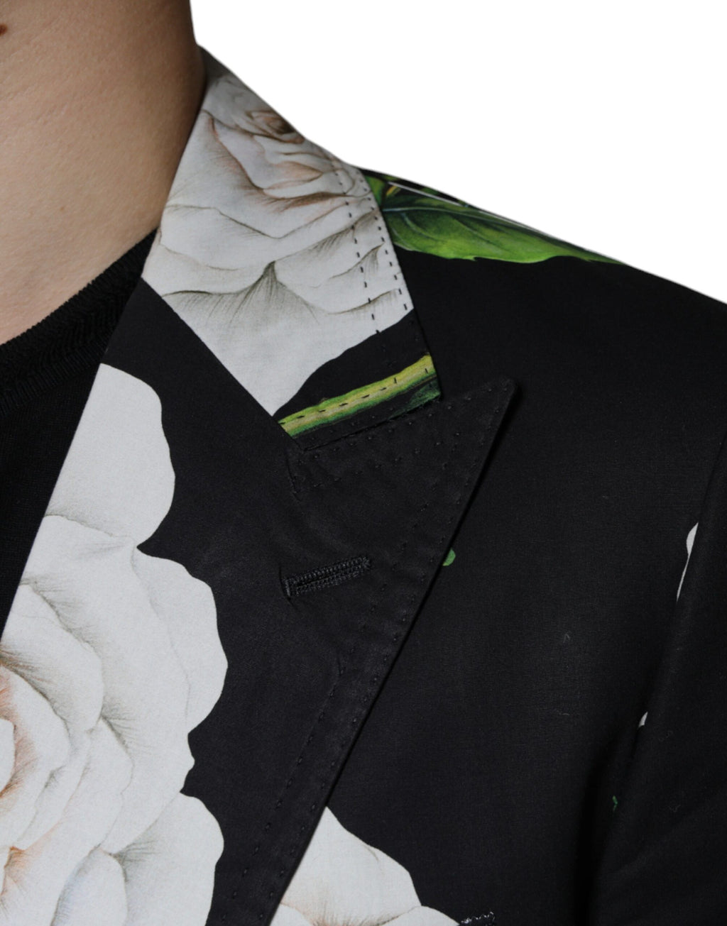 Costume homme deux pièces en coton noir avec rose, Dolce & Gabbana, costume formel élégant pour homme.