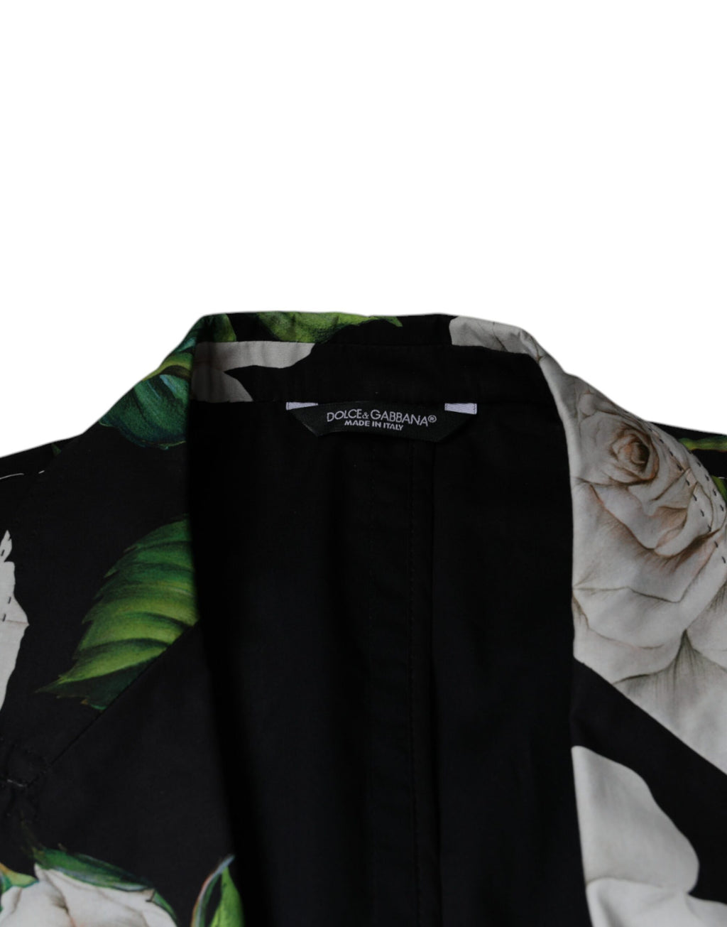 Costume homme deux pièces noir en coton Dolce & Gabbana avec motif de rose, élégant et formel.