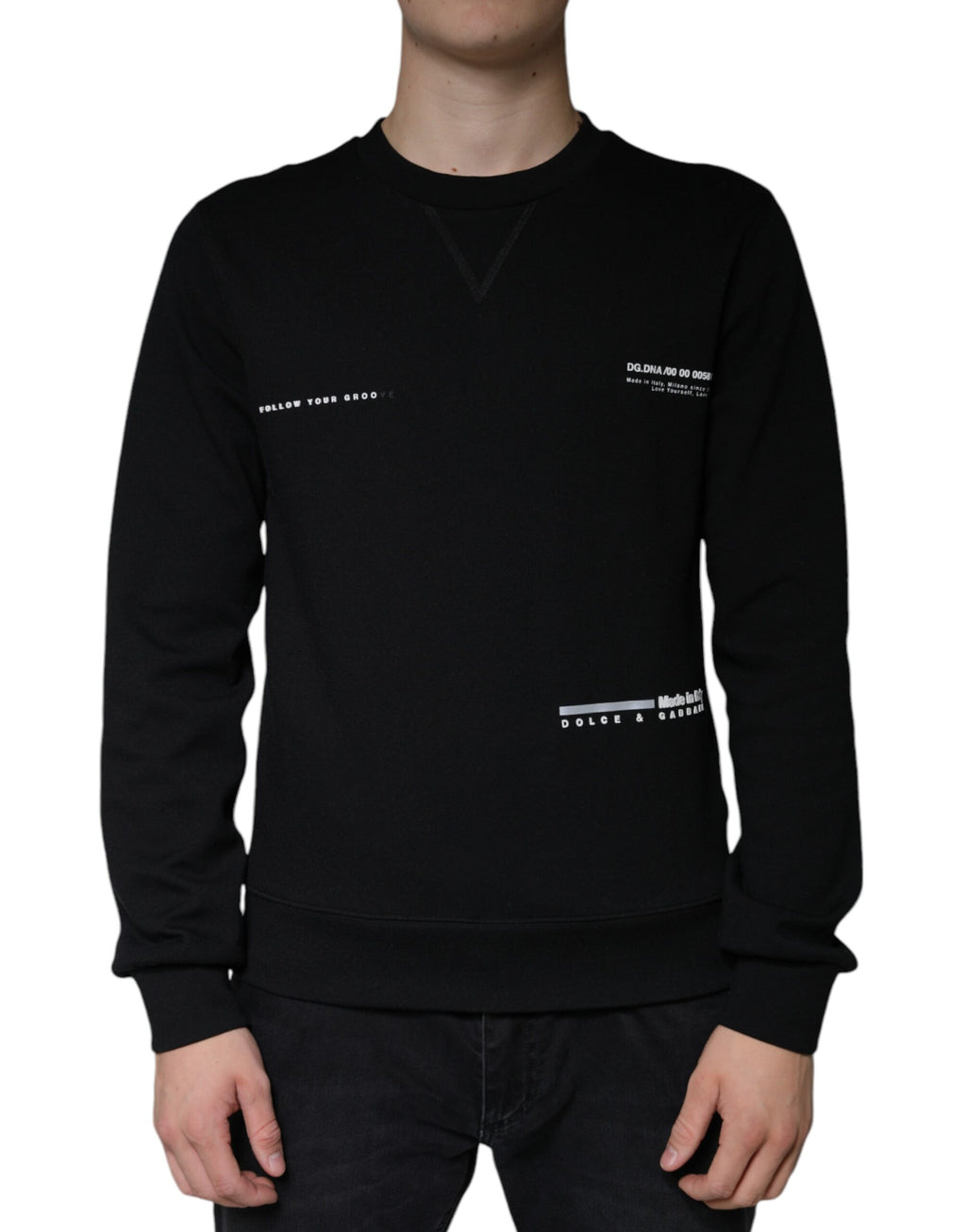 Sweat-shirt Dolce & Gabbana noir avec logo imprimé, col rond, style décontracté et confort, vue de face.