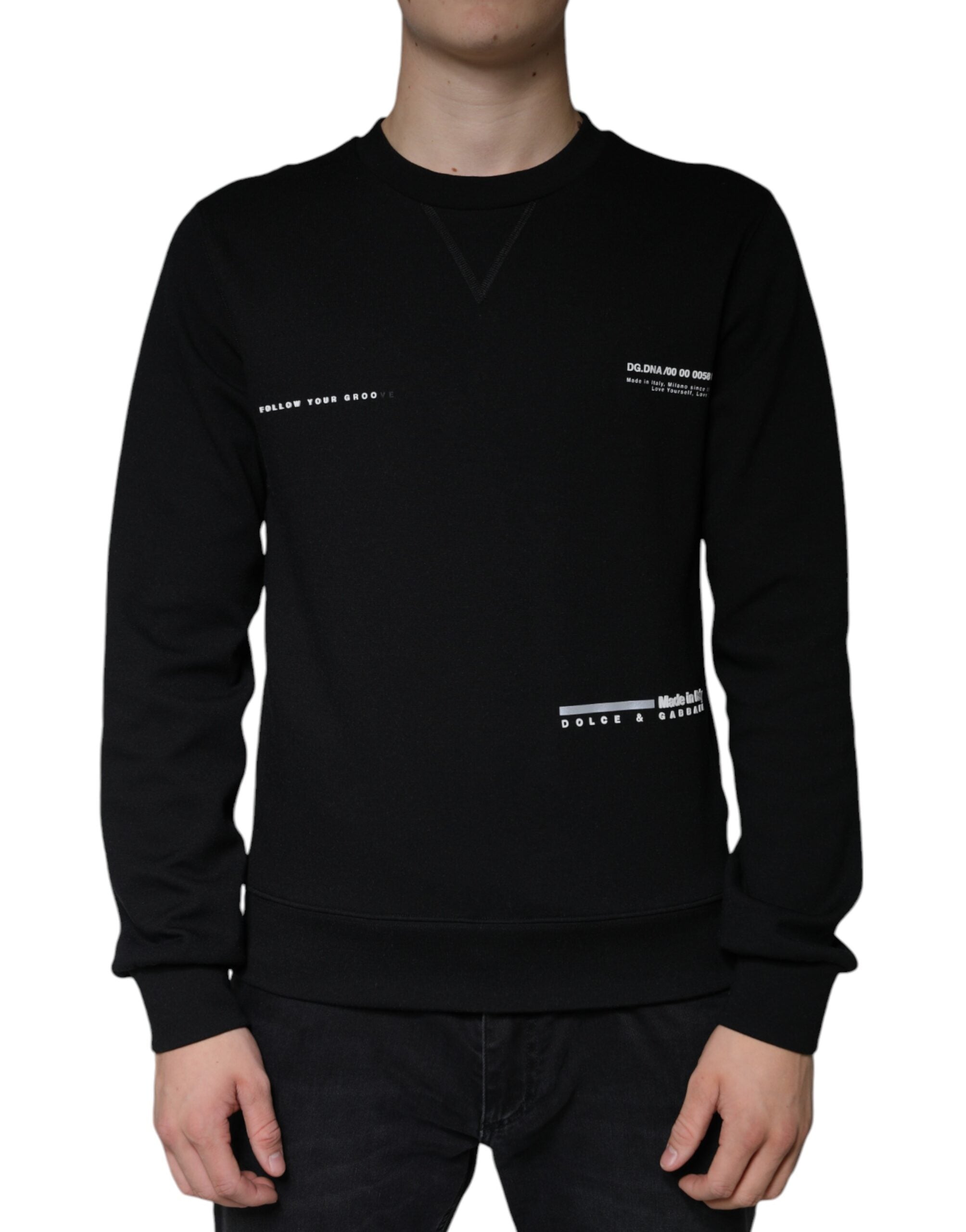 Sweat-shirt noir Dolce & Gabbana avec logo imprimé, col rond, en coton, porté sur un mannequin.