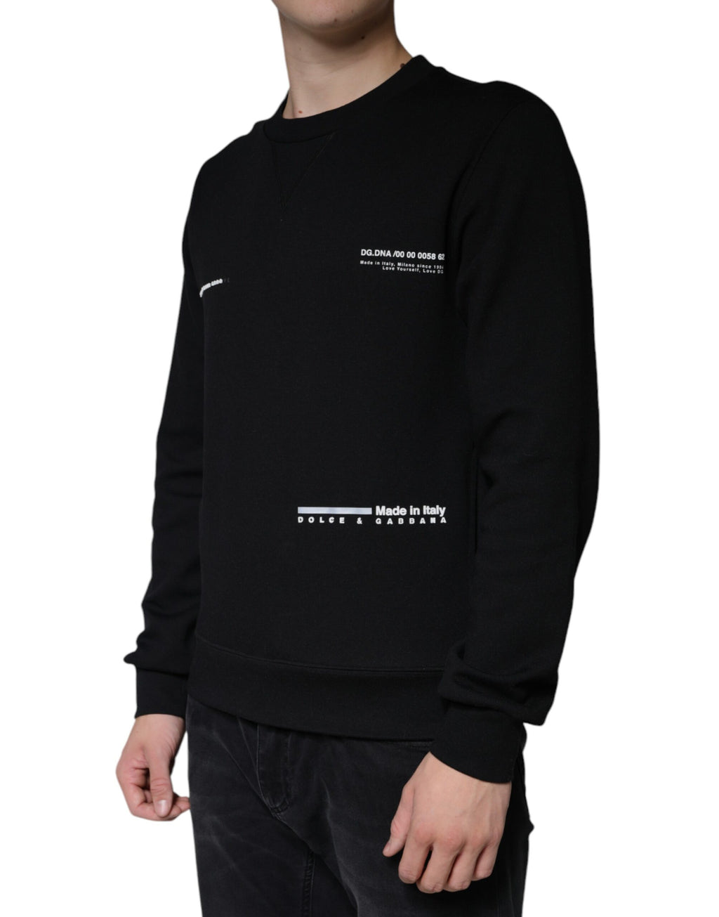 Sweatshirt Dolce & Gabbana à logo noir, col rond, en coton avec motif imprimé, vue de face.