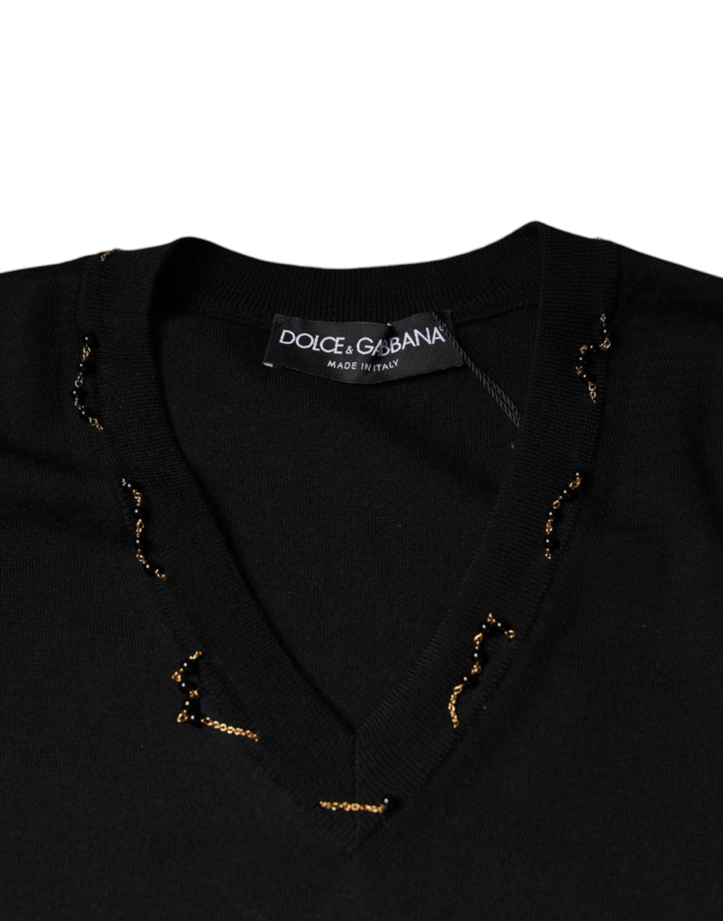 Pull-over noir Dolce & Gabbana à col en V orné de détails brillants et embellissements sophistiqués.