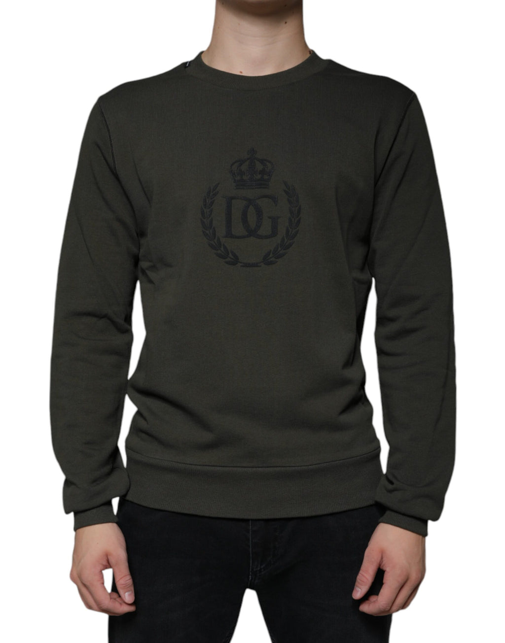 Pull-over Dolce & Gabbana en vert army avec motif couronne DG, col rond et style élégant.