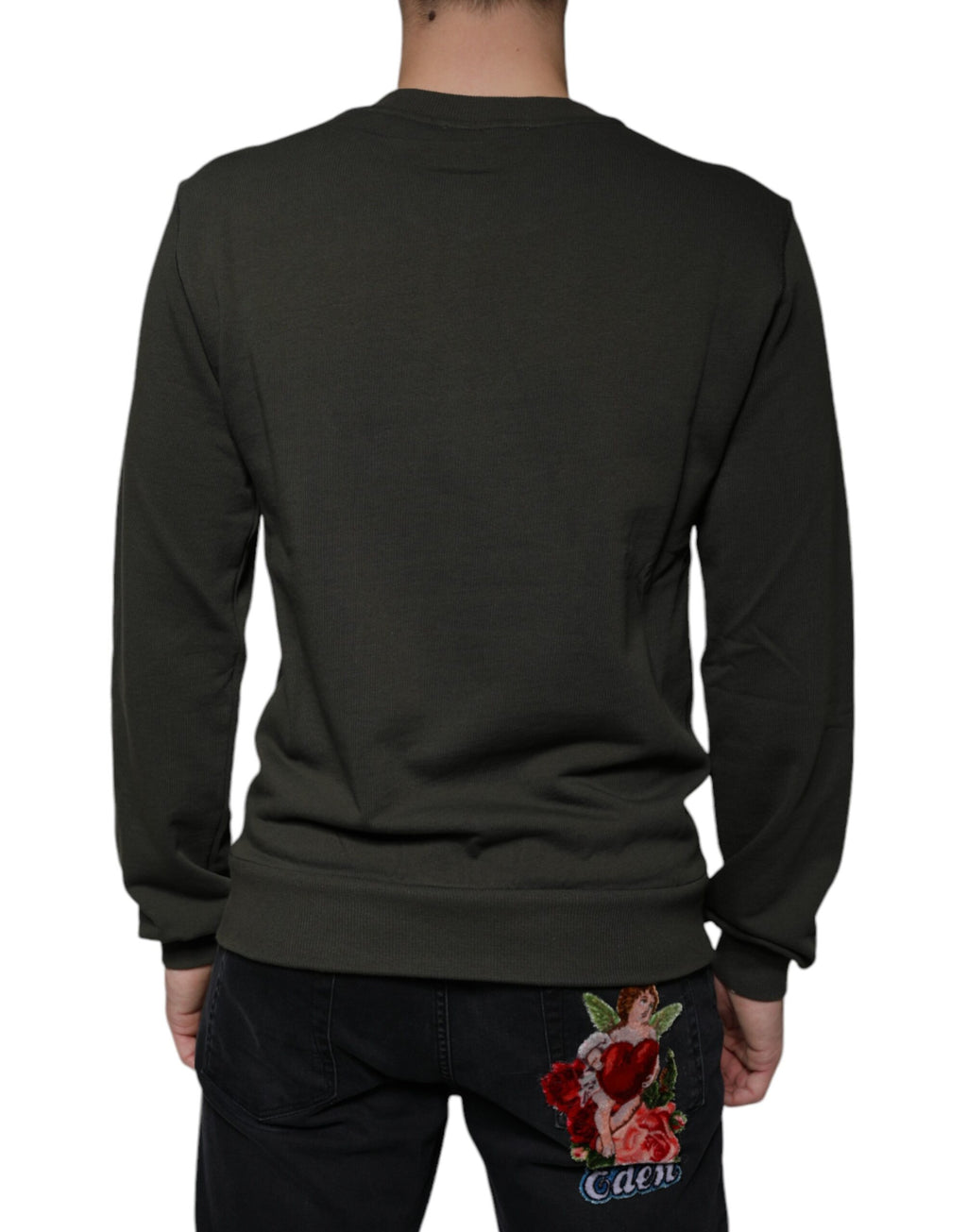 Pull à col rond vert armée Dolce & Gabbana avec logo DG sur la poitrine, en coton confortable.